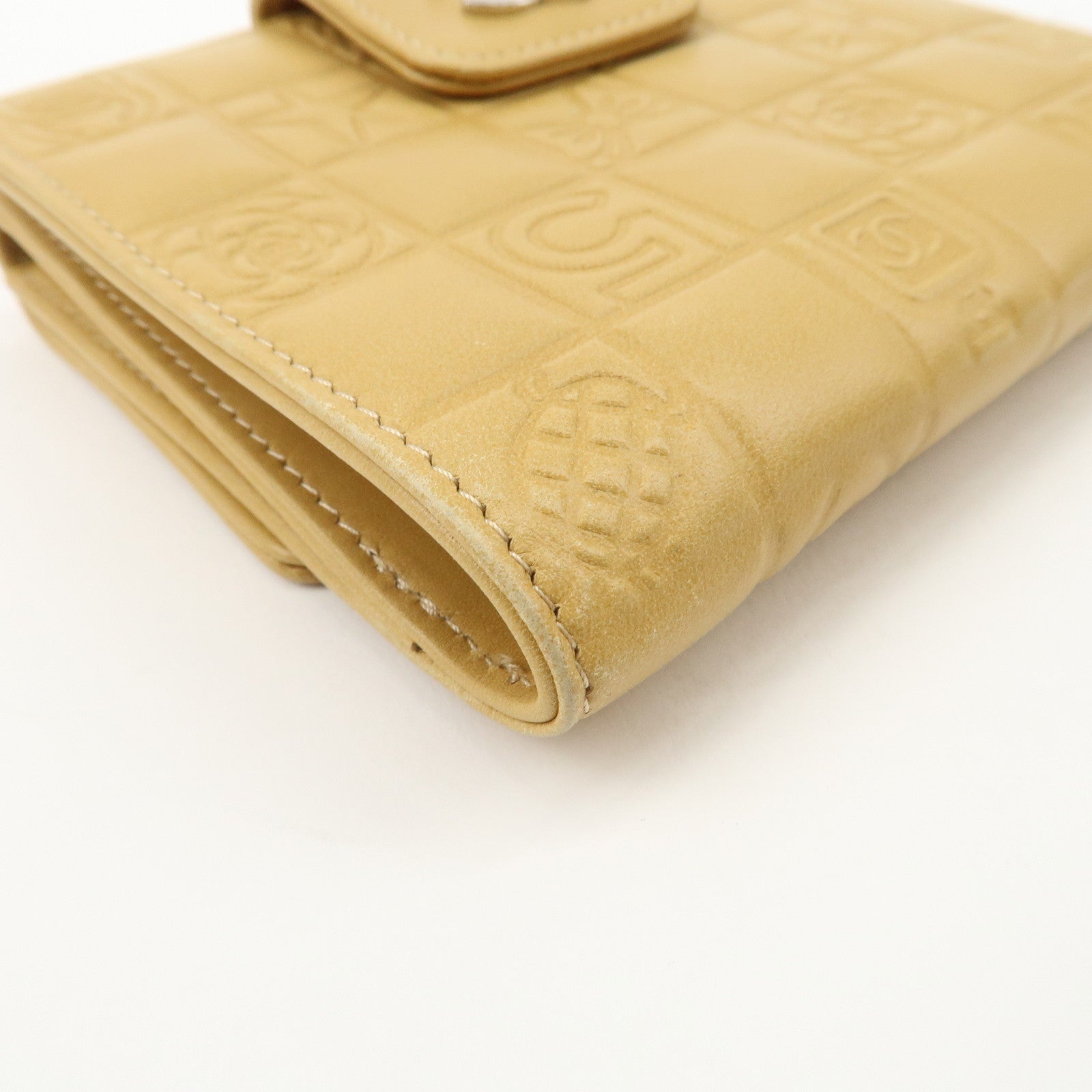 CHANEL Icon Line Lamb Skin W Flap Bi-fold Wallet Beige A24212 Used