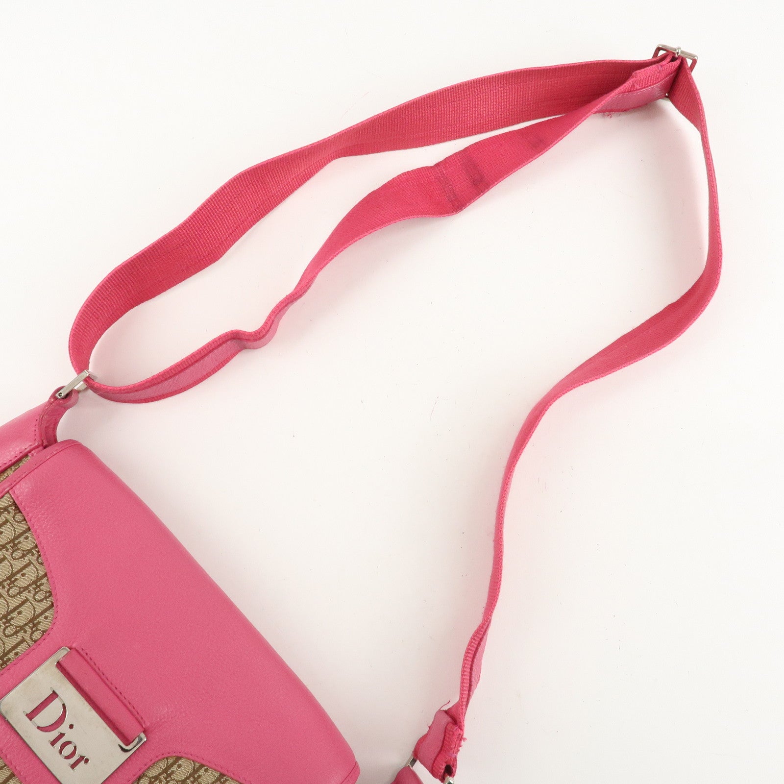 Christian Dior Trotter Canvas Leather Shoulder Bag Beige Pink Used