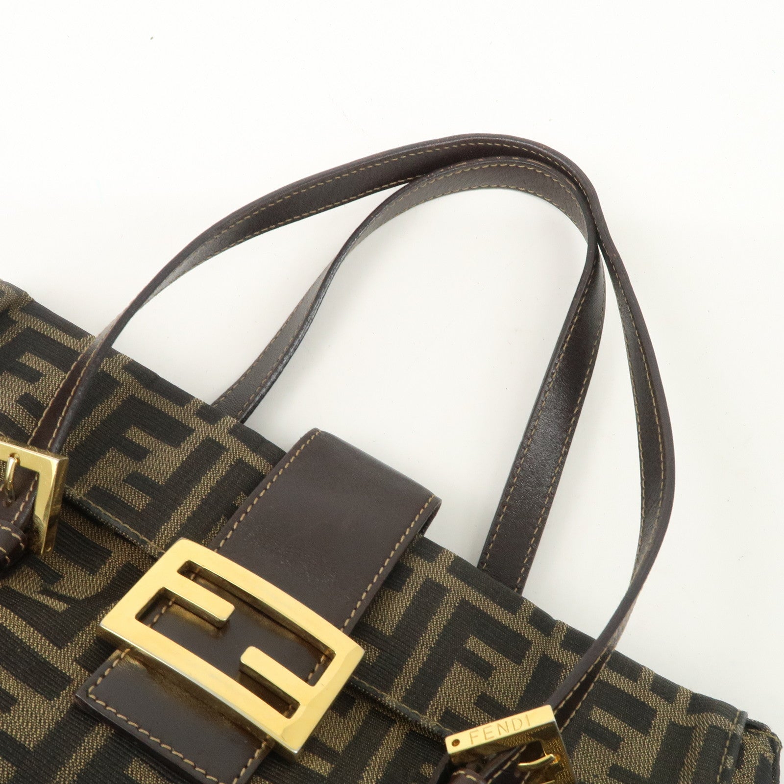 FENDI Zucca Canvas Leather Hand Bag Brown Black Gold Hardware Used
