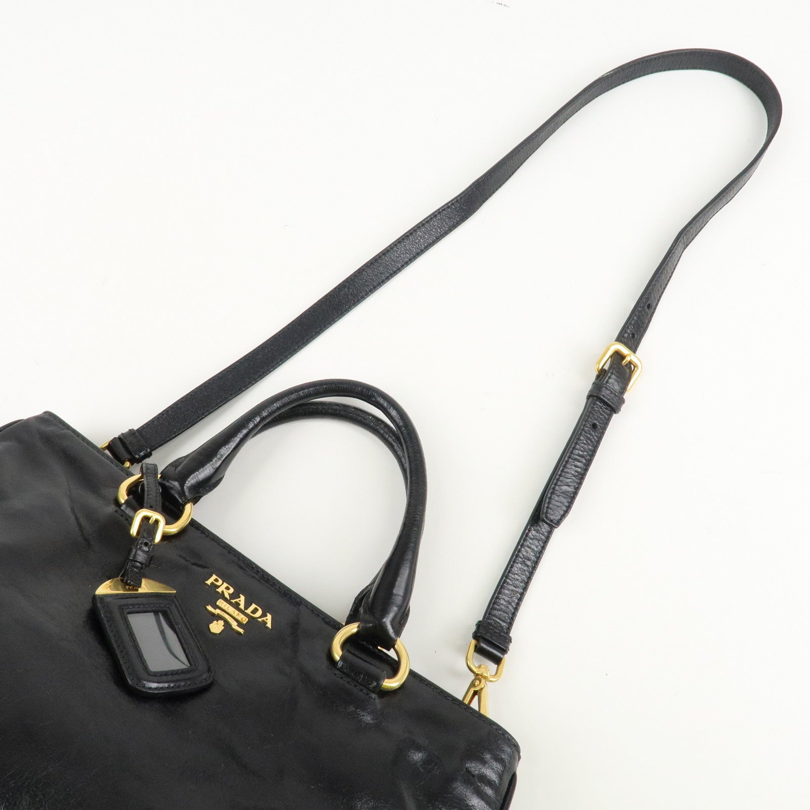 PRADA Leather 2way Bag Hand Bag Shoulder Bag Black Gold HDW Used