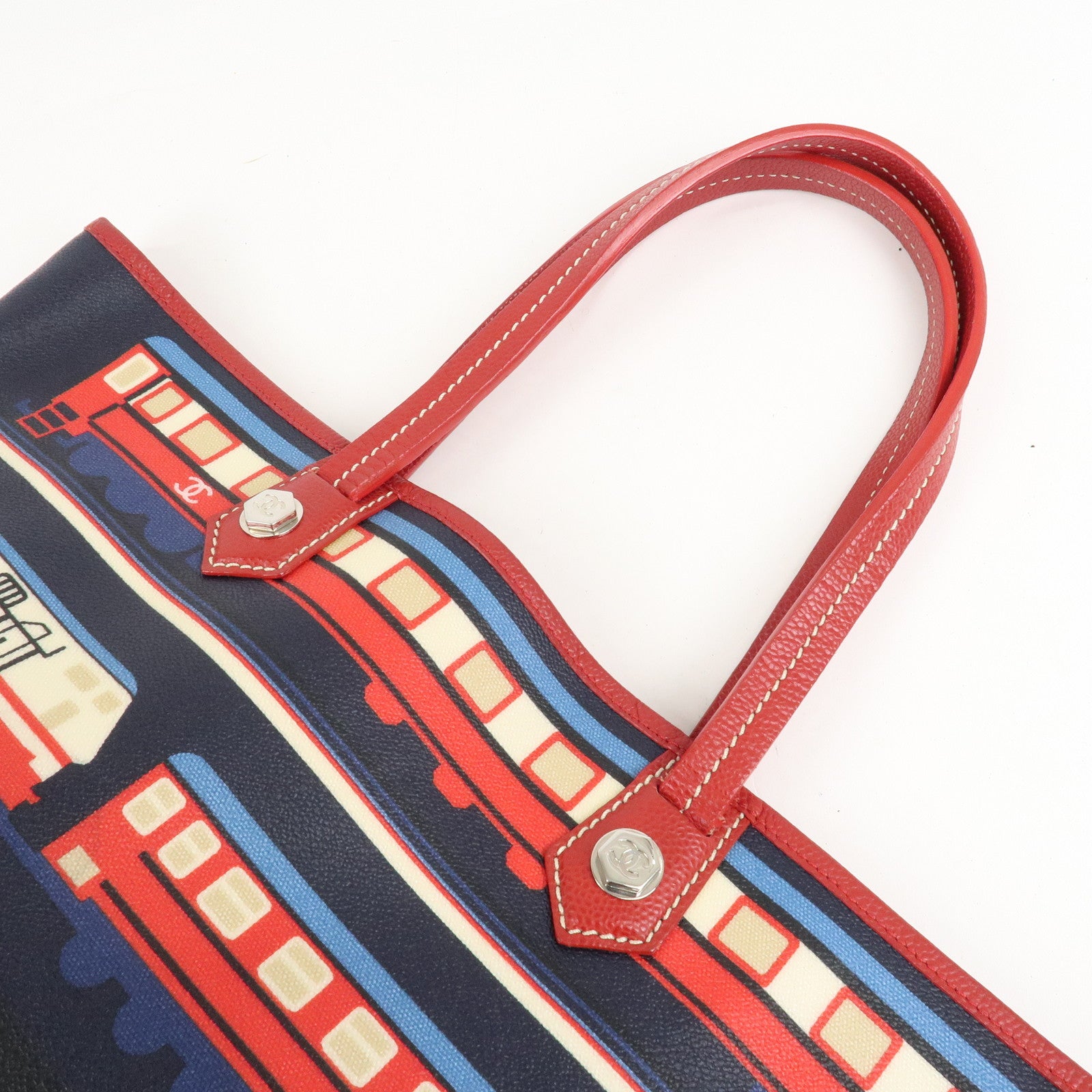 CHANEL PVC Leather Central Station Tote Bag Navy Red Used