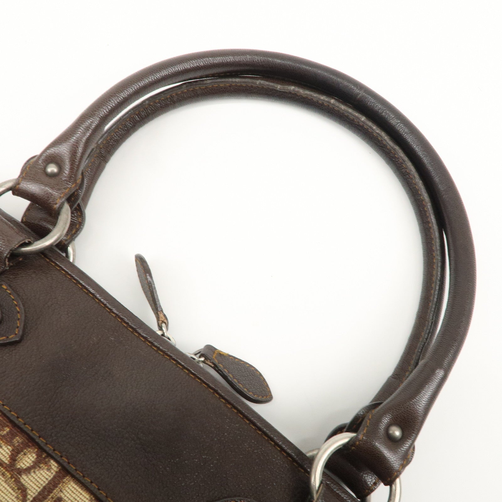 Christian Dior Logo Trotter Canvas Leather Boston Bag Beige Brown Used
