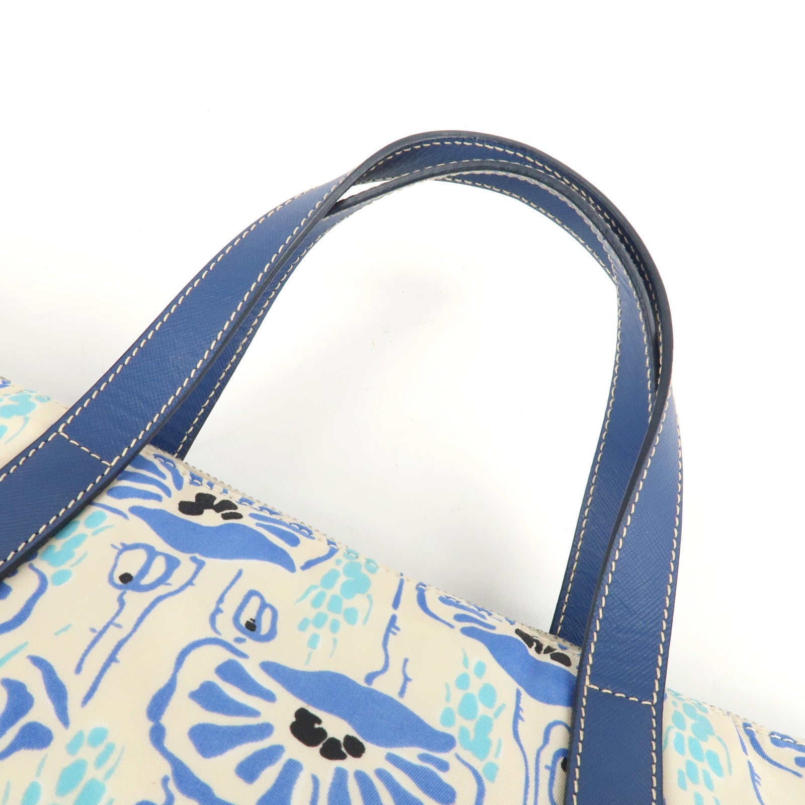 PRADA Nylon Leather 2Way Tote Bag White Blue Used