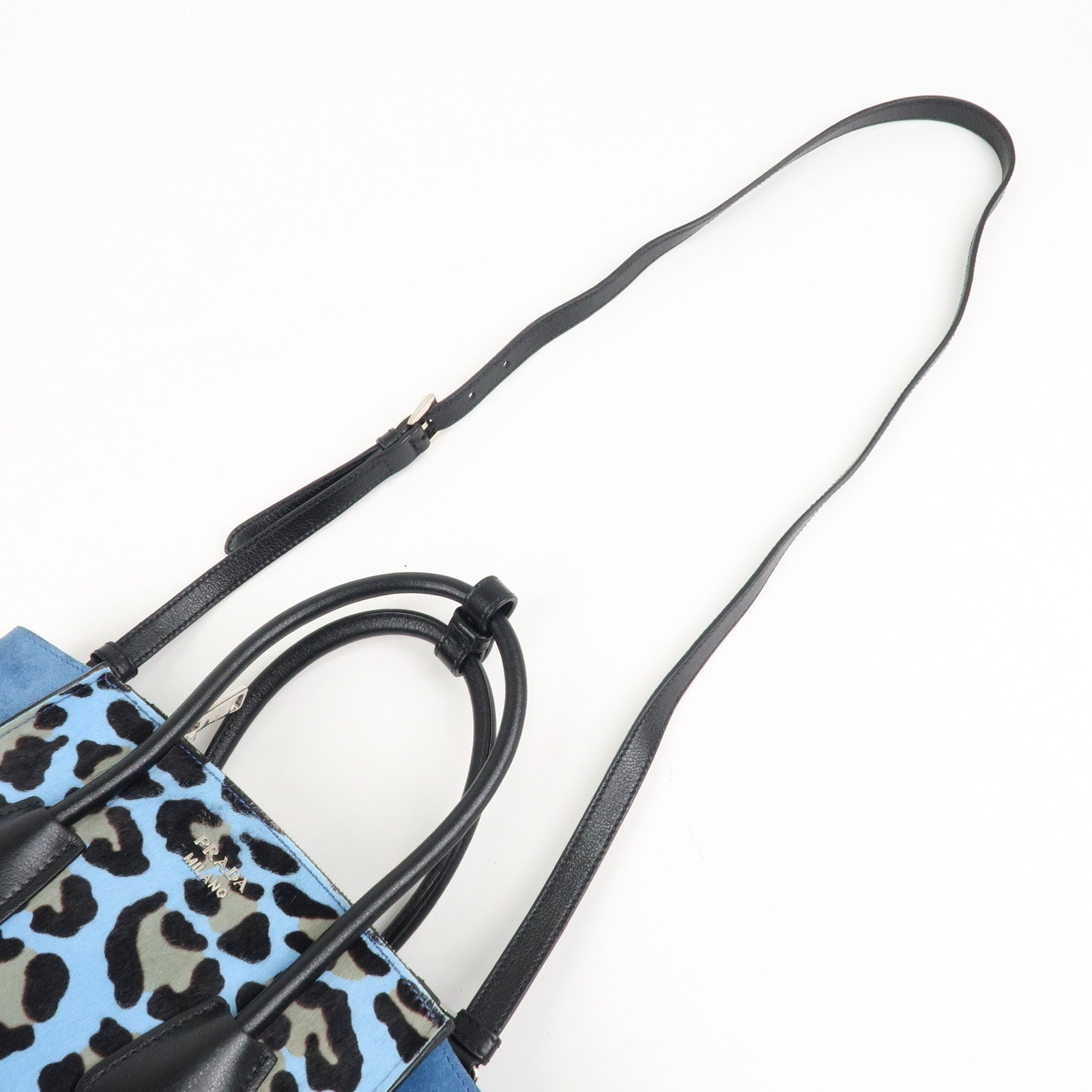 PRADA Unborn Calf Suede Leather 2Way Hand Bag Blue Black 1BA025 Used