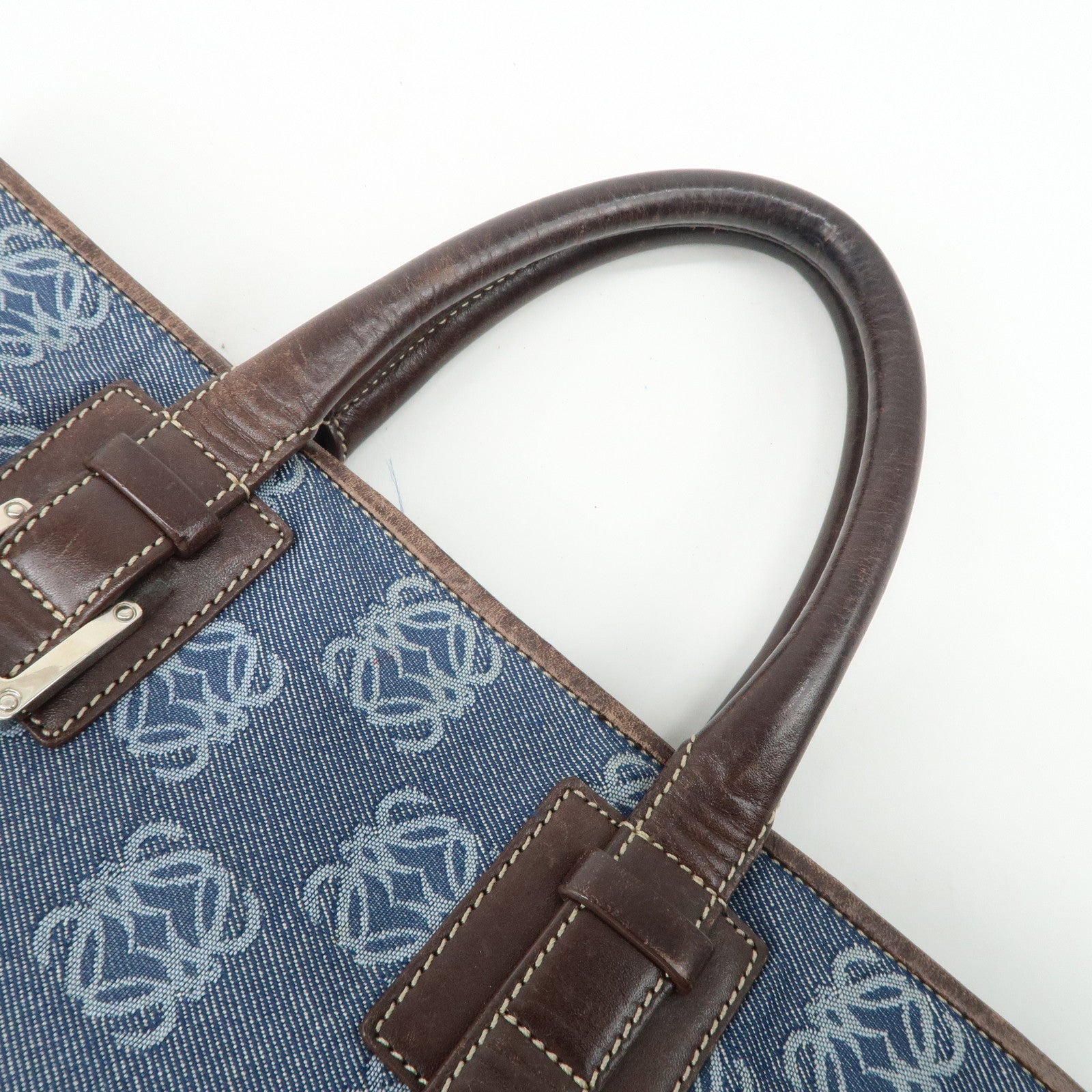 LOEWE Anagram Canvas Leather Tote Bag Blue Brown Used