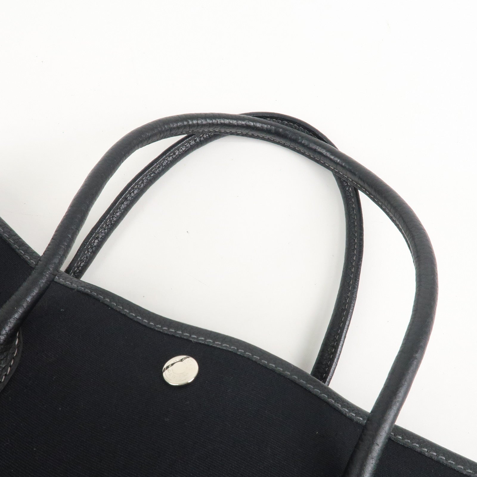 HERMES Garden Party PM G Stamped Canvas Leather Tote Bag Black Used