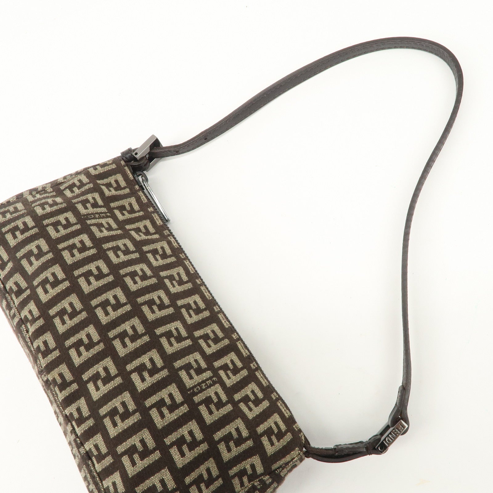 FENDI Zucchino Canvas Leather Shoulder Bag Dark Brown 8BR249 Used