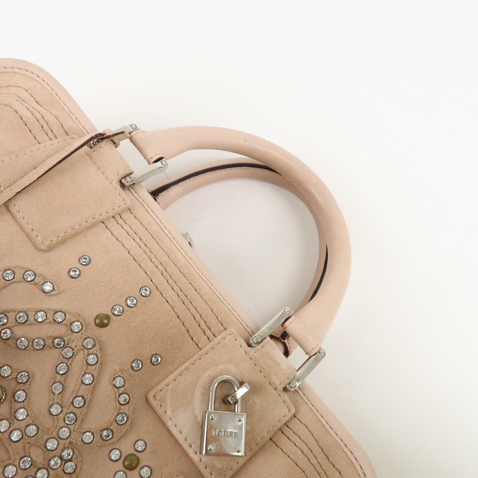 LOEWE Suede Amazona 28 Bijou Hand Bag Beige Pink Silver Hardware Used