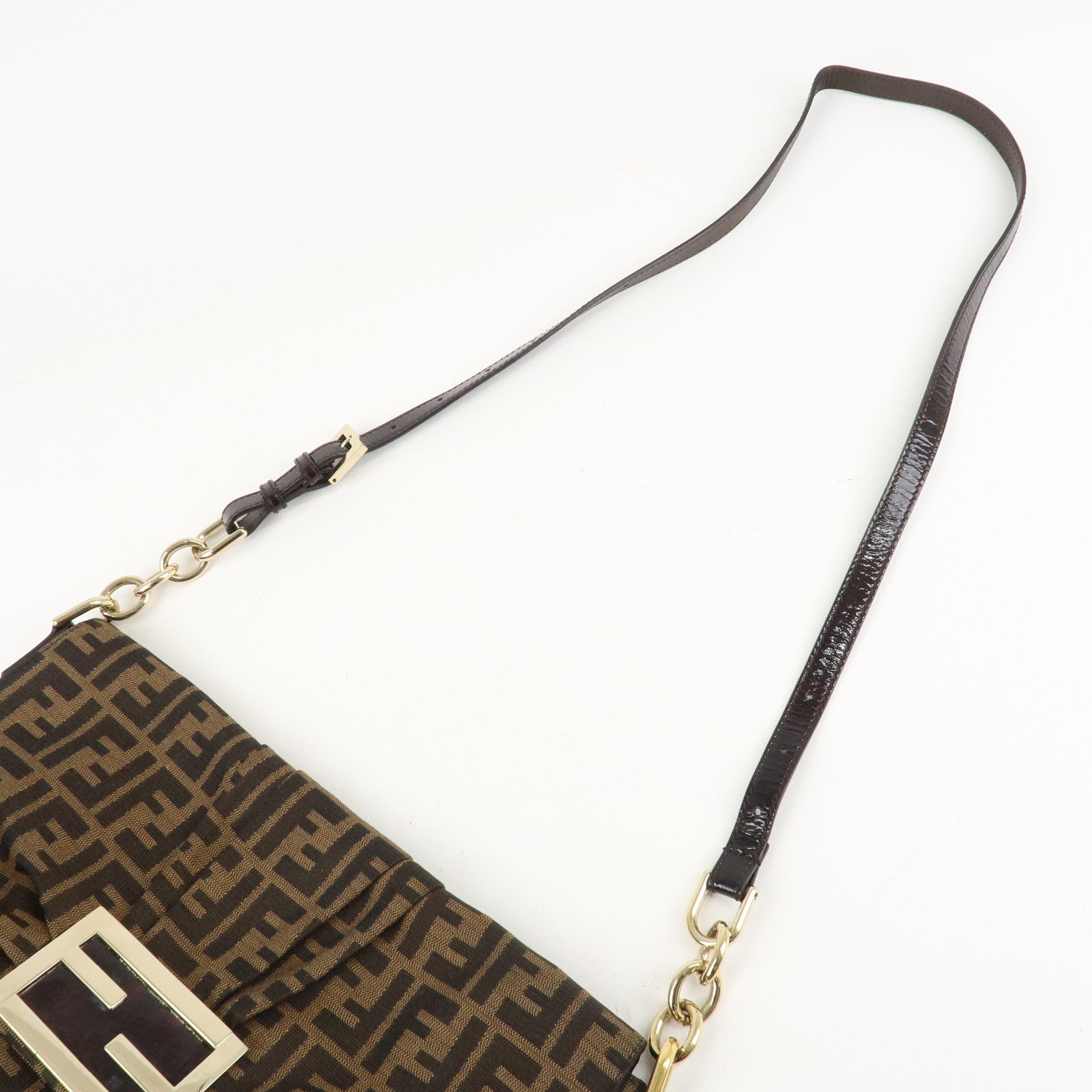 FENDI Zucca Canvas Patent Shoulder Bag Brown Black 8BT163 Used