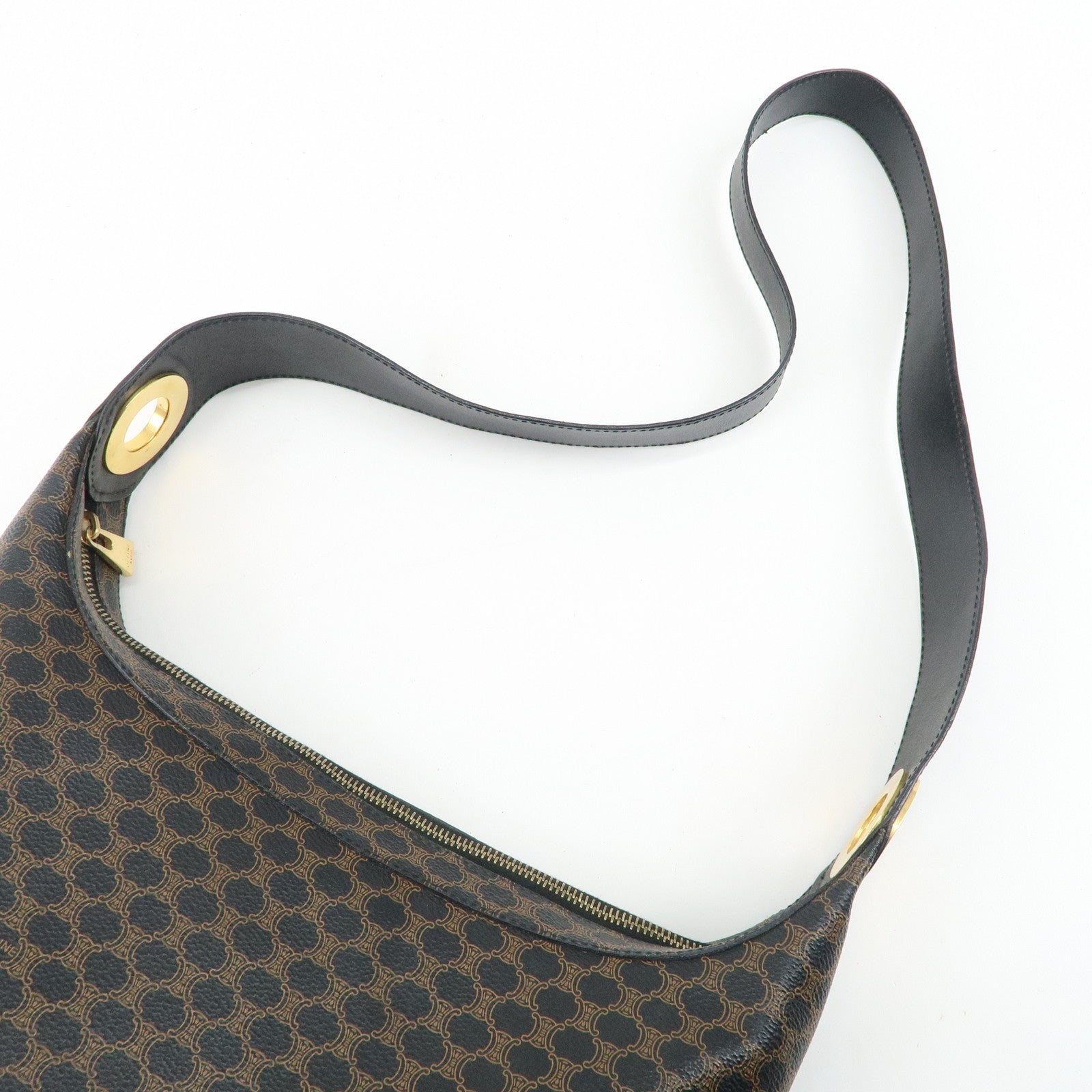 CELINE Macadam PVC Leather Shoulder Bag Black Brown Gold HDW Used