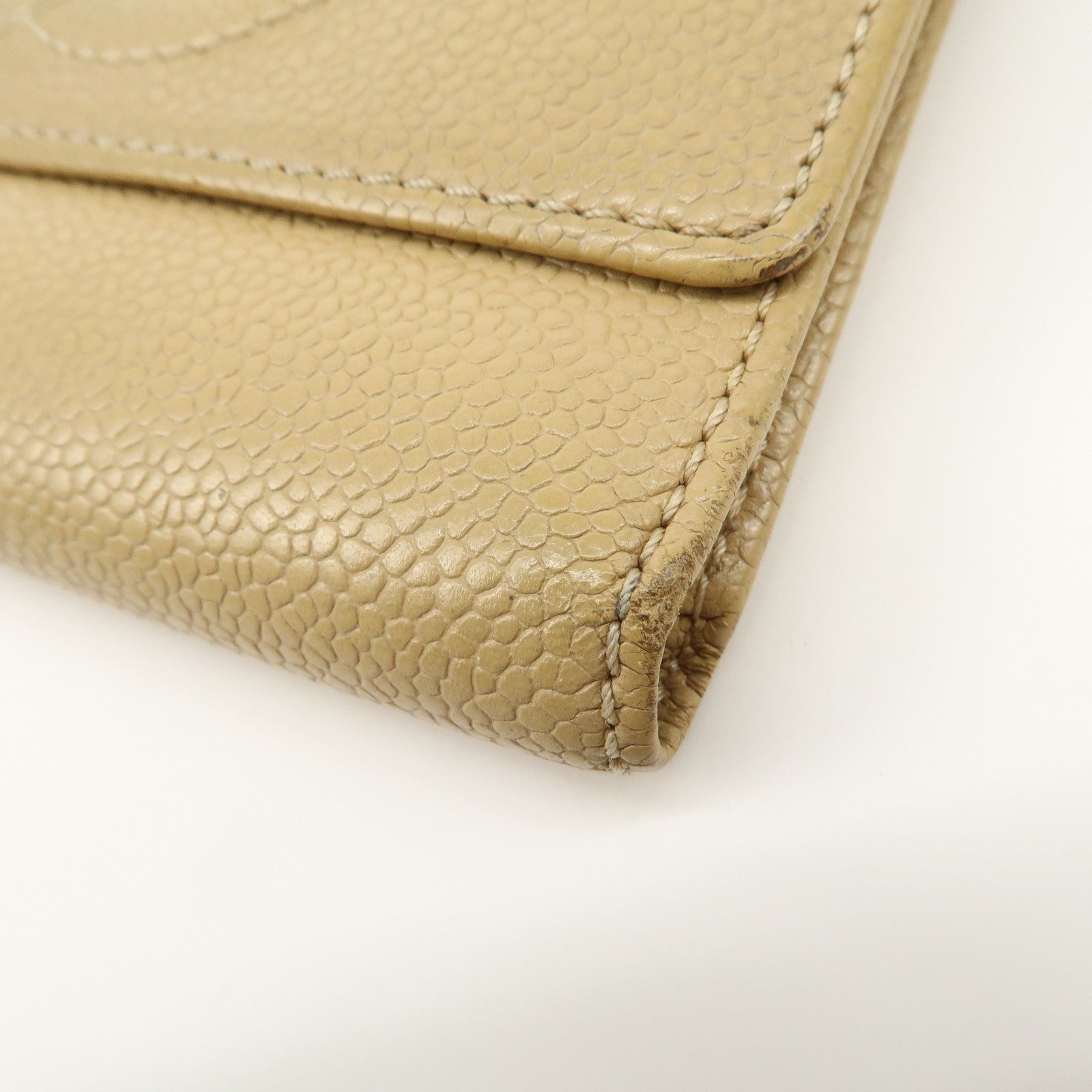 CHANEL Caviar Skin COCO Mark Tri-Fold Wallet Beige Gold Used