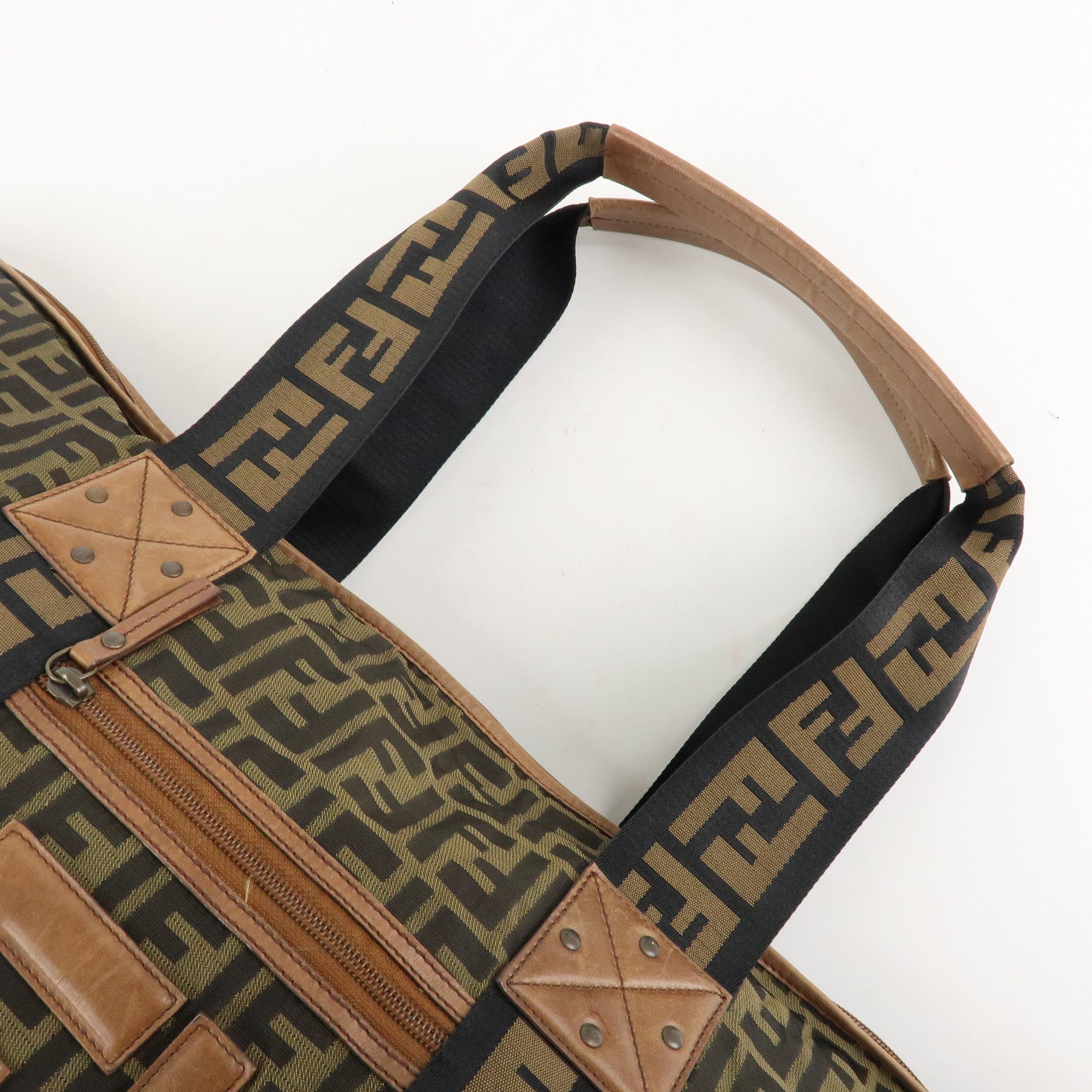 FENDI Zucca Nylon Leather Boston Bag Brown Black 7VS071 Used