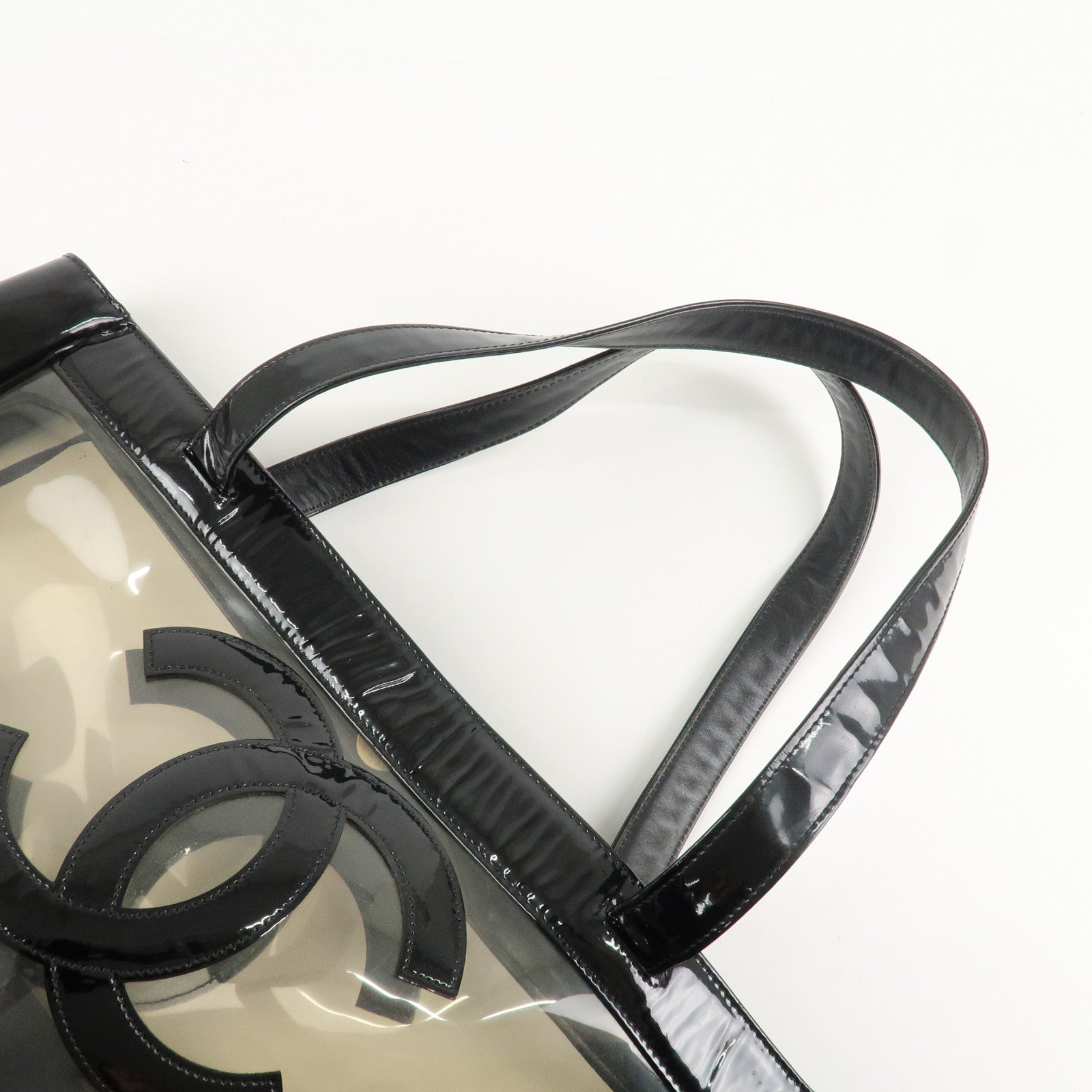 CHANEL PVC Patent Leather Vinyl Triple COCO Mark Tote Bag Black Used