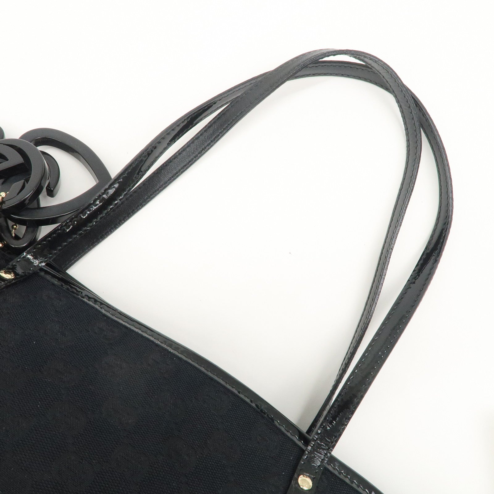 GUCCI GG Canvas Patent Leather Tote Bag Hand Bag Black 211976 Used