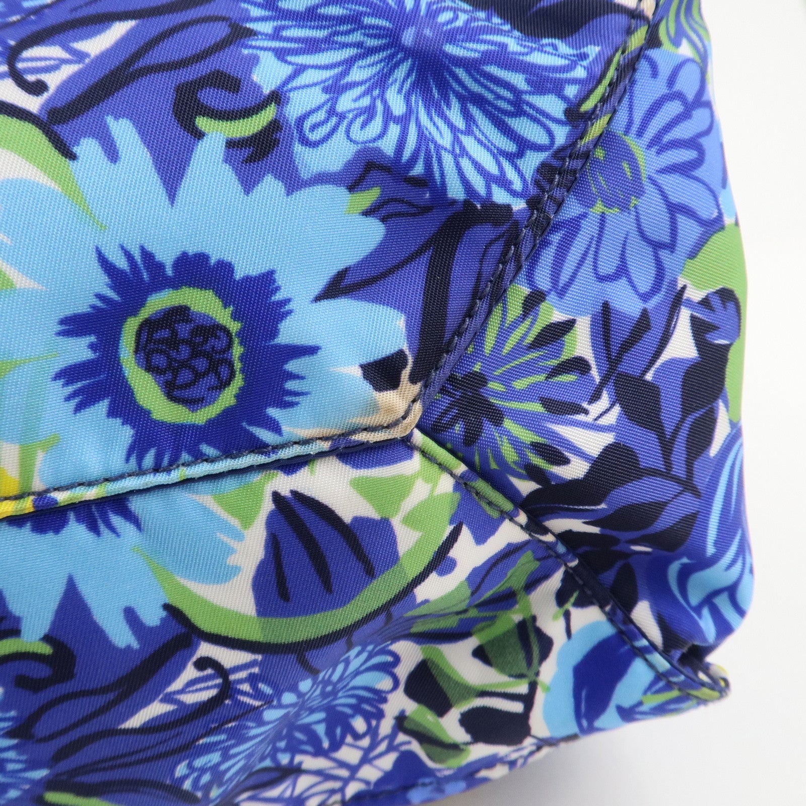 PRADA Logo Nylon Leather Tote Bag Floral Print Blue BN2851 Used
