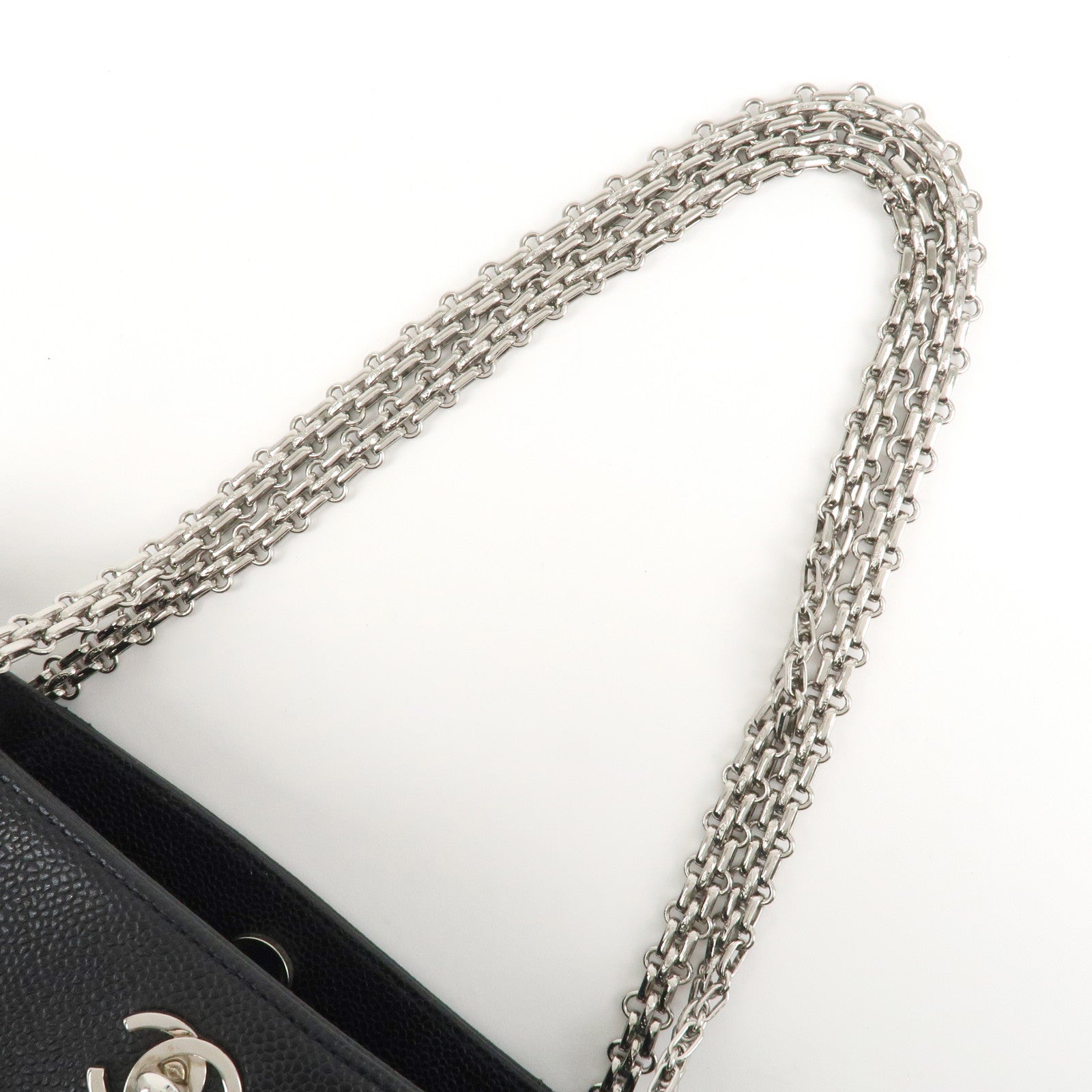 CHANEL Caviar Skin Chain Tote Bag Black Silver Hardware Used