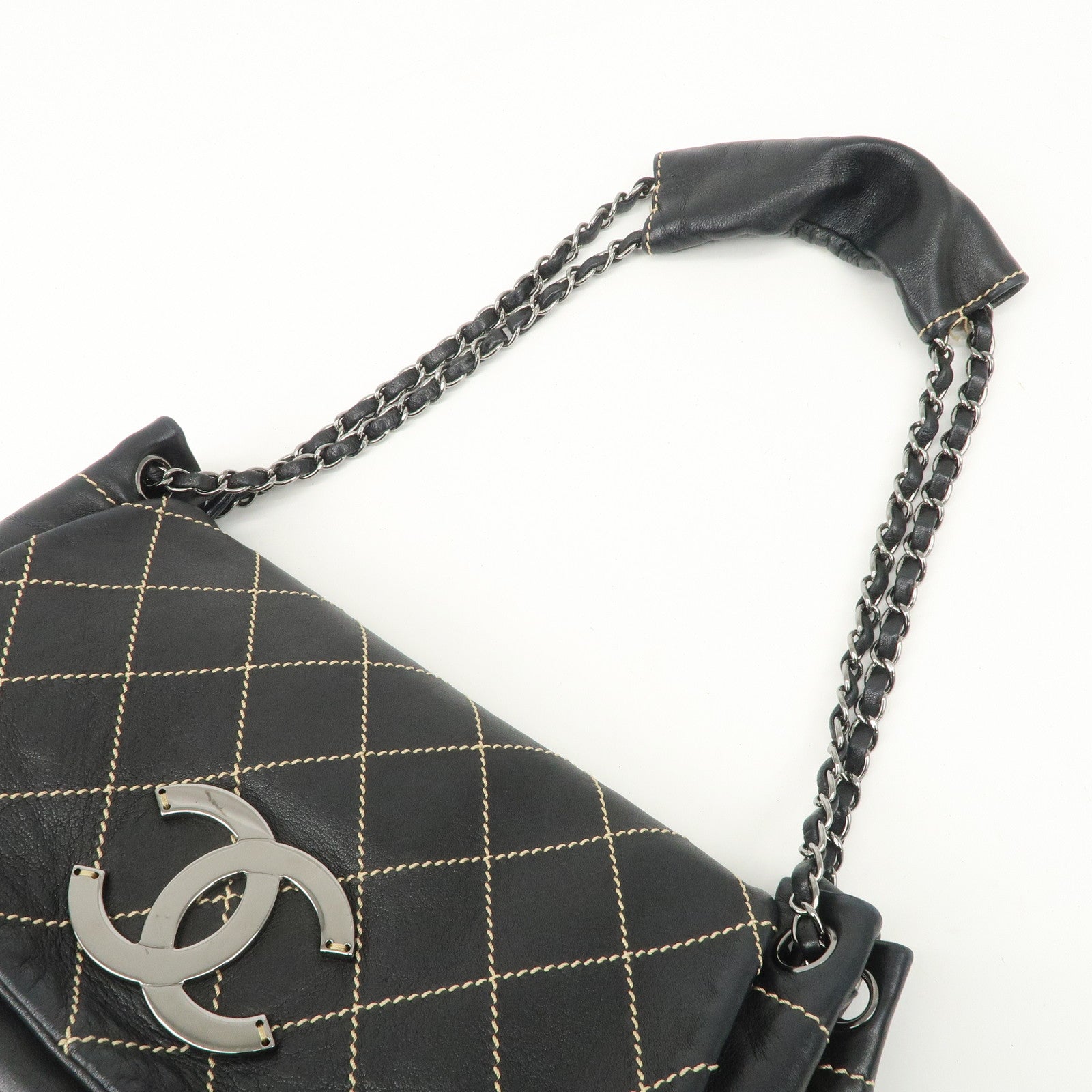 CHANEL COCO Mark Wild Stitch Lamb Skin Chain Shoulder Bag Black Used
