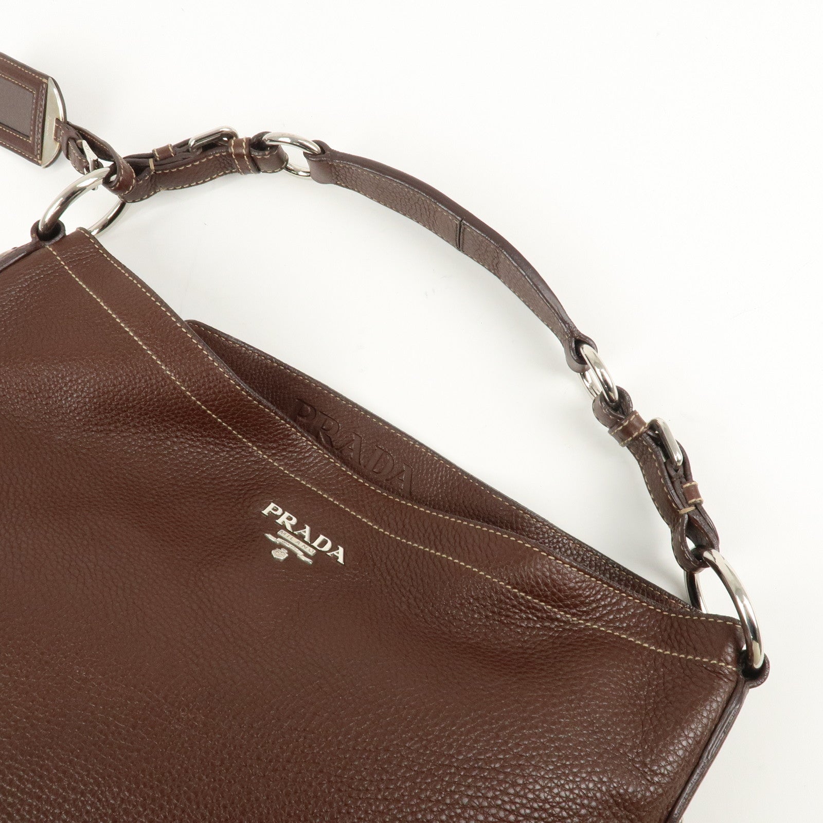 PRADA Leather Shoulder Bag Brown BR3408 Used