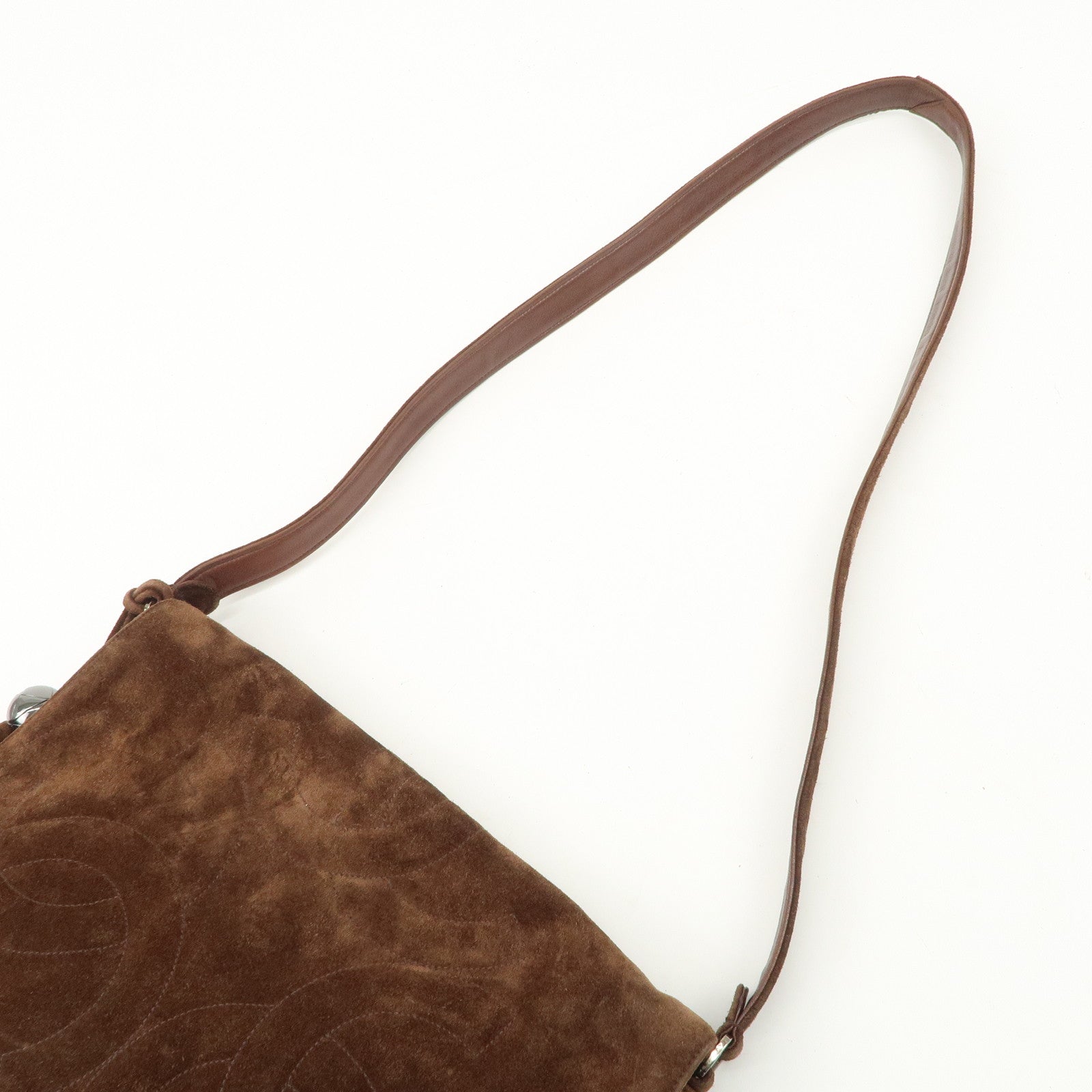 CHANEL Triple COCO Mark Suede Shoulder Bag Brown Silver Used
