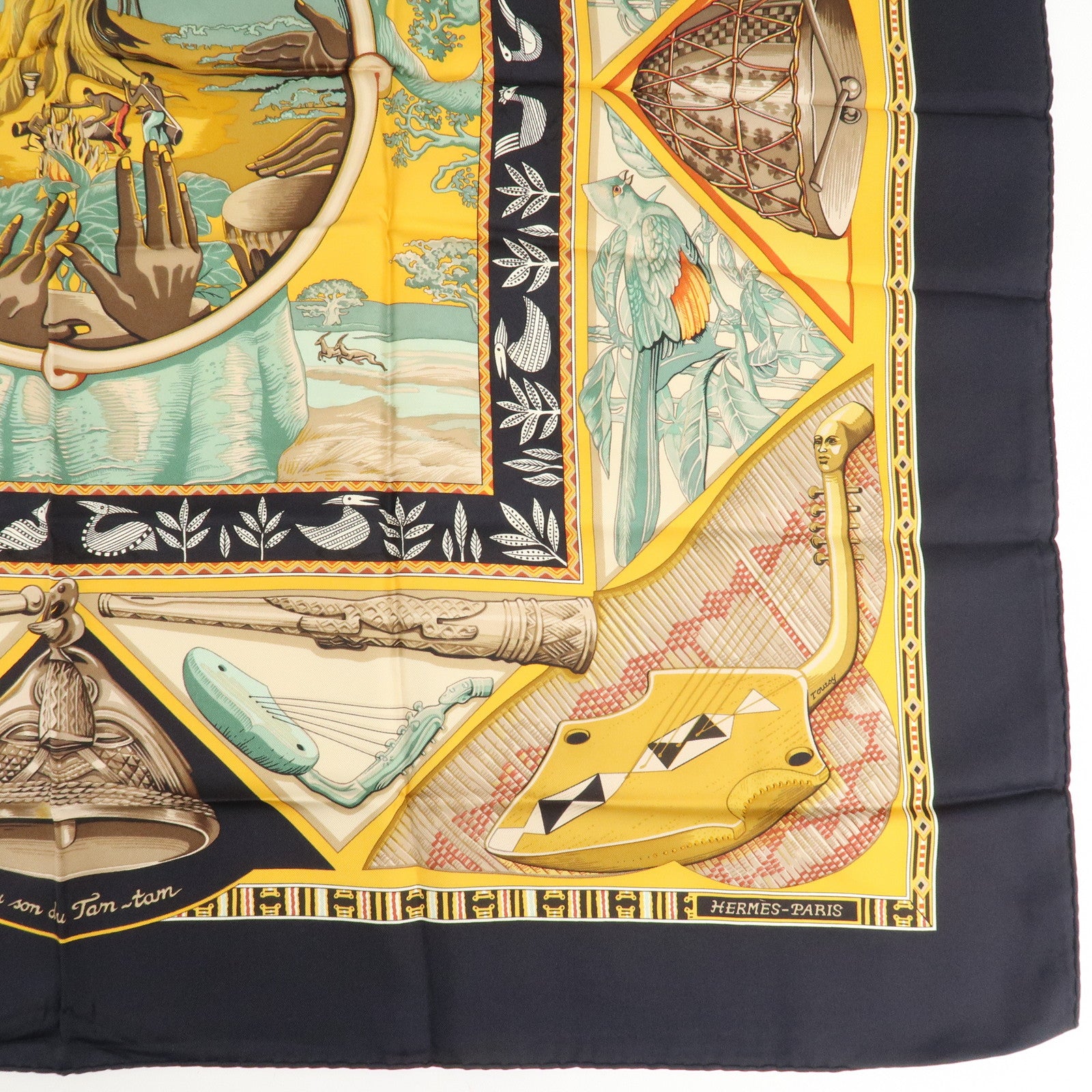 HERMES Silk 100% Carre 90 Scarf Au Son du Tam Tam Black Beige Used