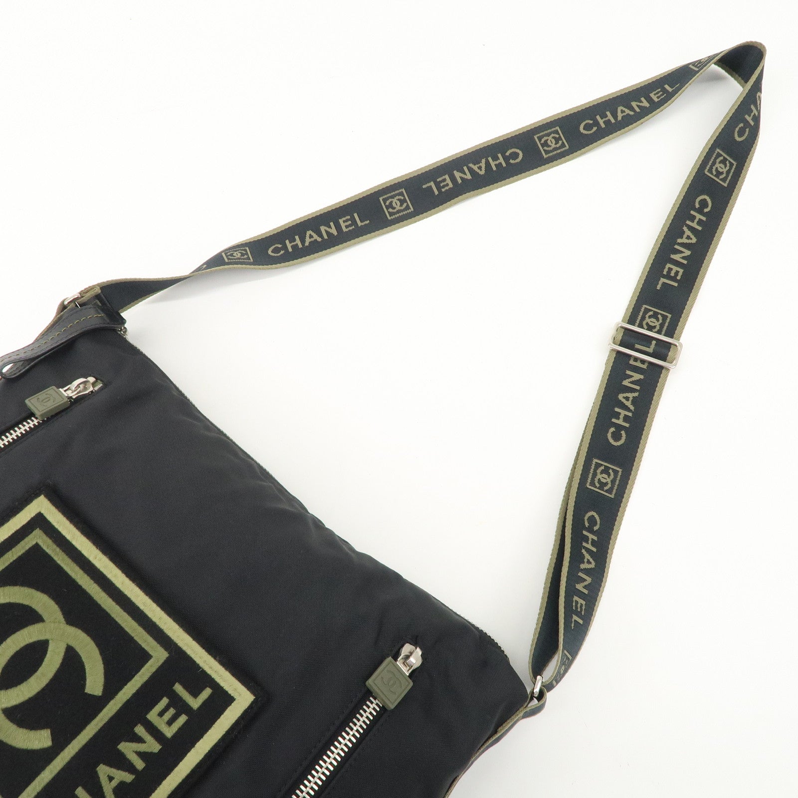 CHANEL Sports Nylon COCO Mark Shoulder Bag Black Khaki Used