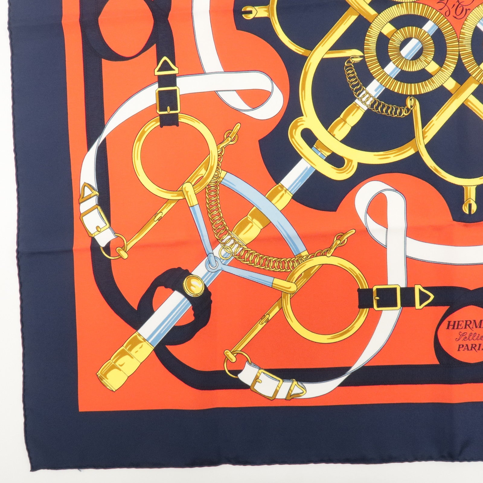 HERMES Carre 90 100% Silk Carre 90 Eperon d'or Red Navy Gold Used