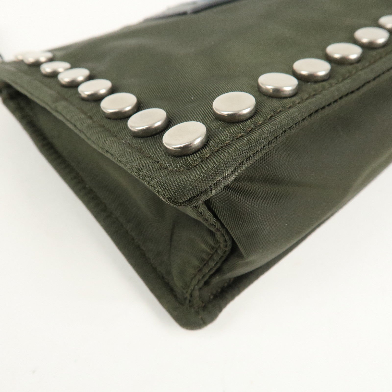 PRADA Tessuto Travel Pouch Studs Military Silver HDW Used