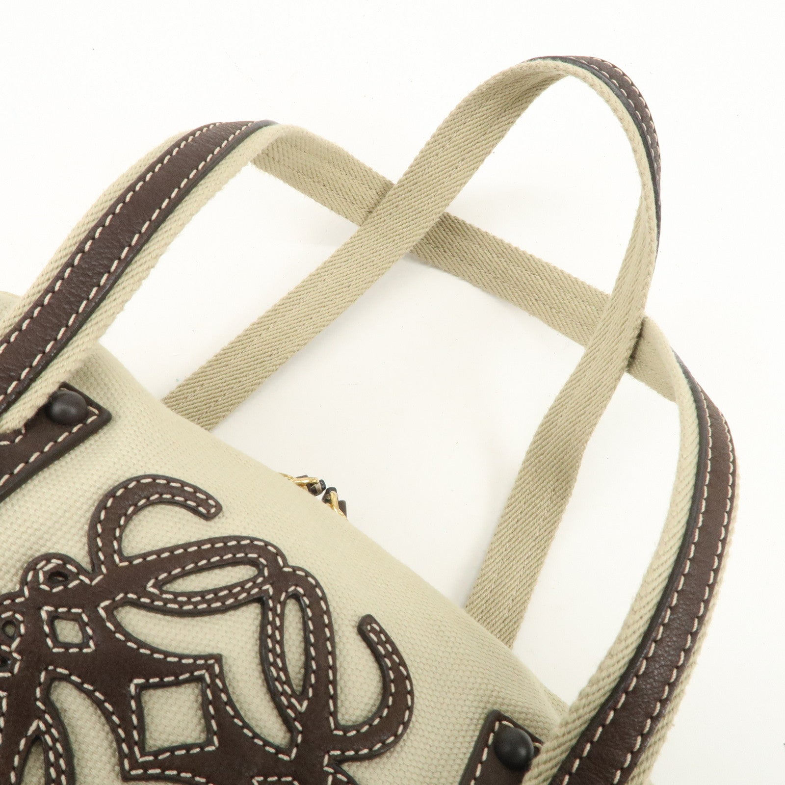 LOEWE Anagram Canvas Leather Mini Boston Bag Ivory Dark Brown Used