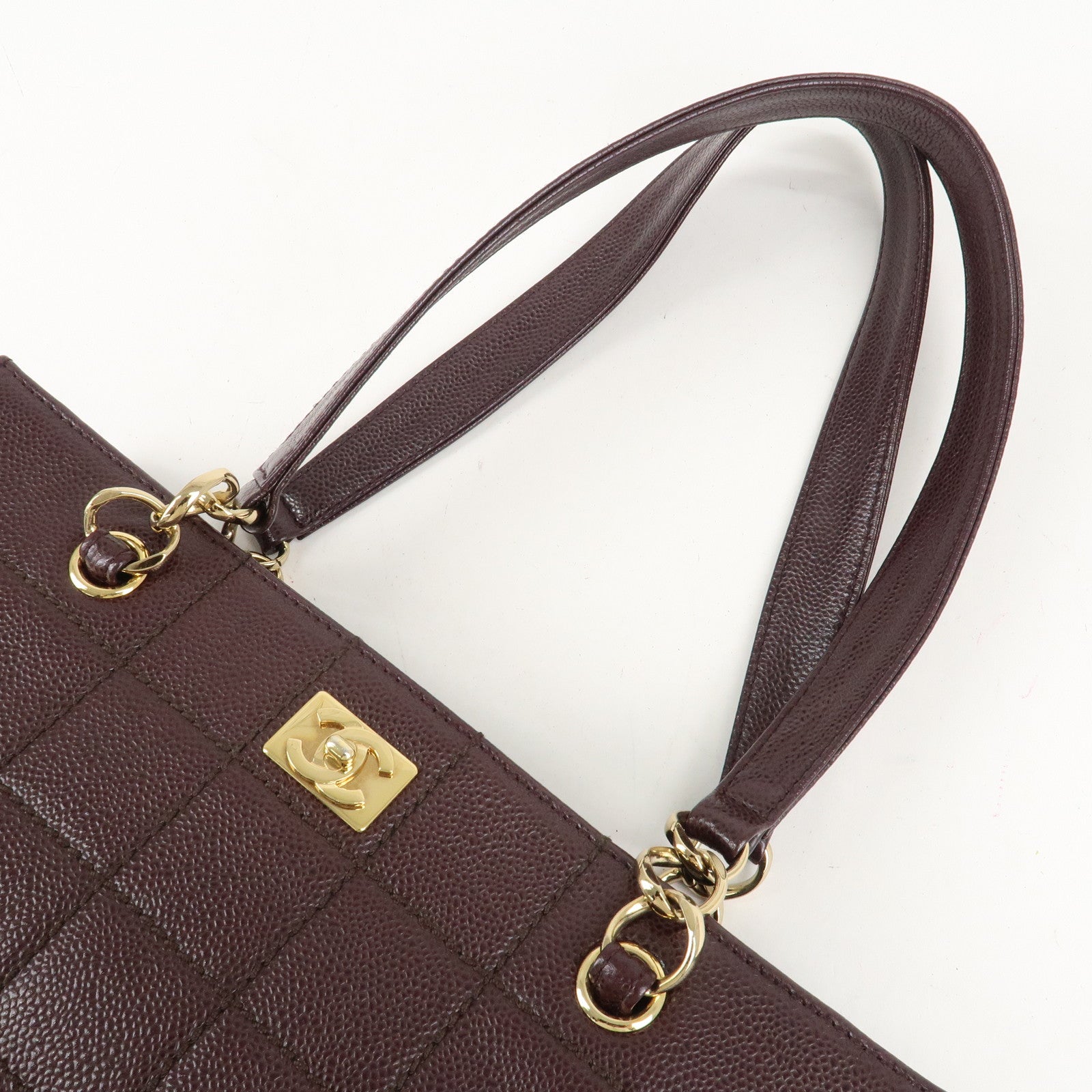 CHANEL Chocolate Bar Caviar Skin Chain Shoulder Bag Wine Gold Used