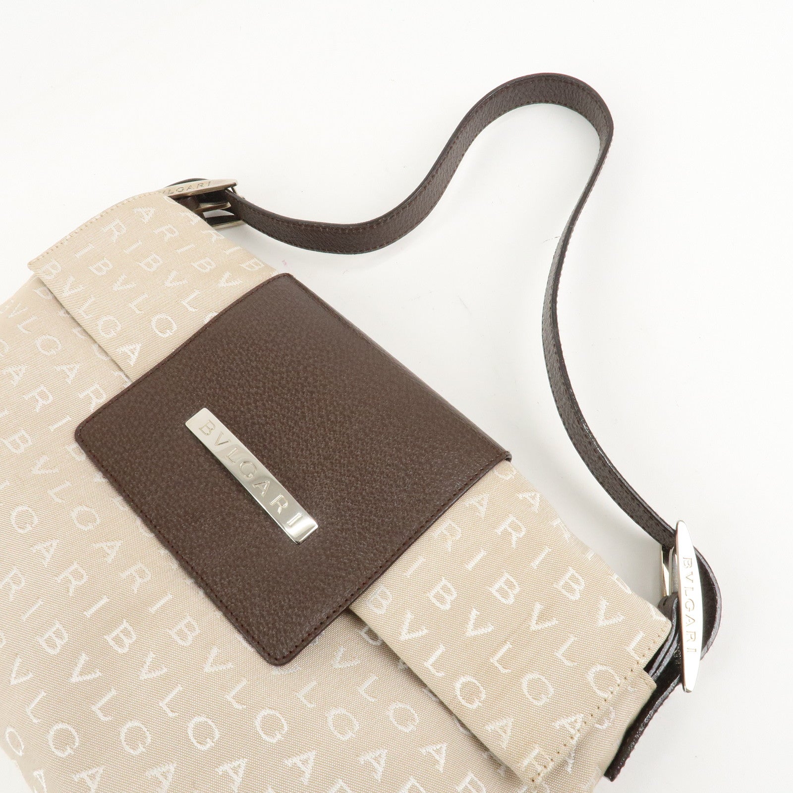 BVLGARI Logo Mania Canvas Leather Hand Bag Shoulder Bag Beige Used