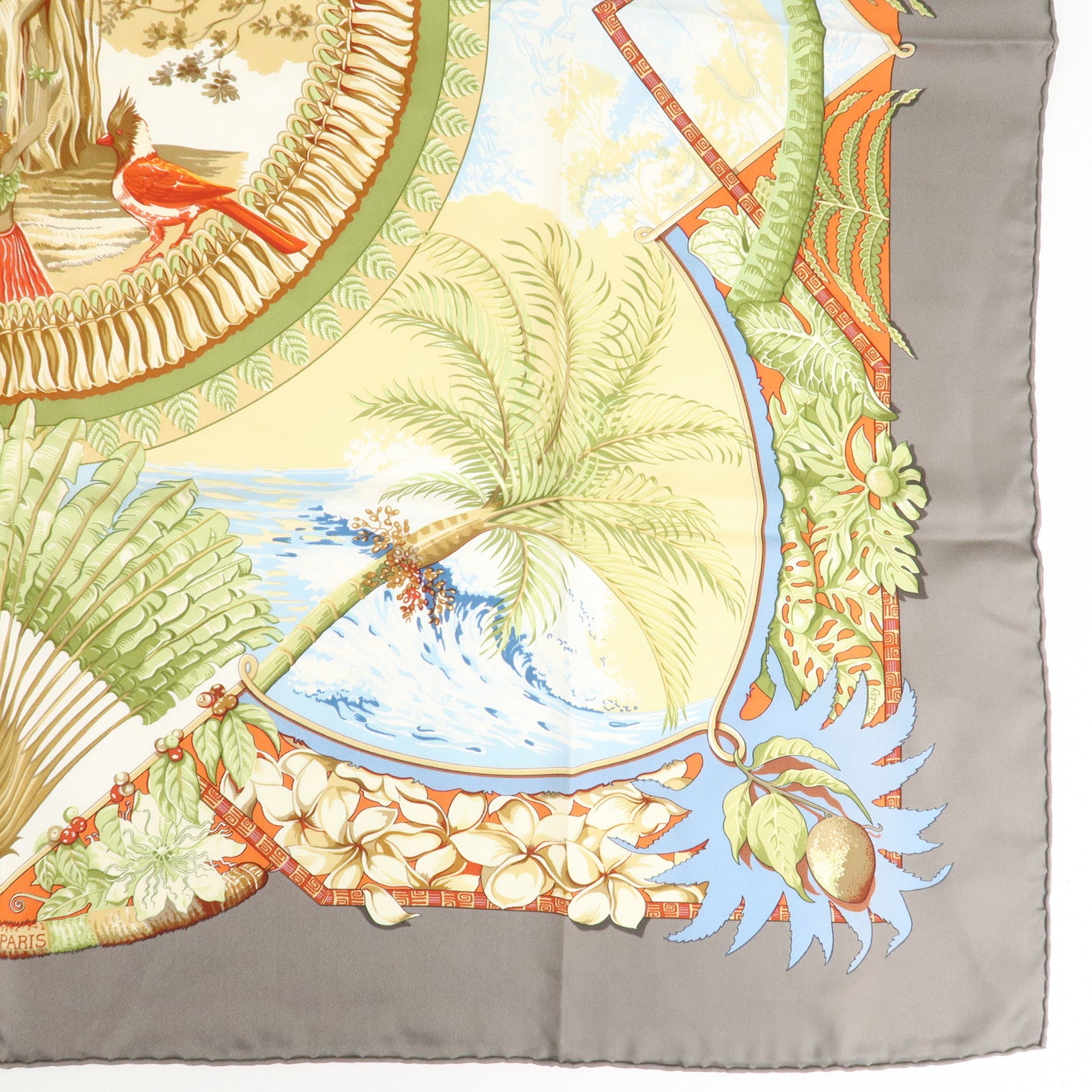 HERMES Silk 100% Carre 90 ALOHA Beige White Gray Used