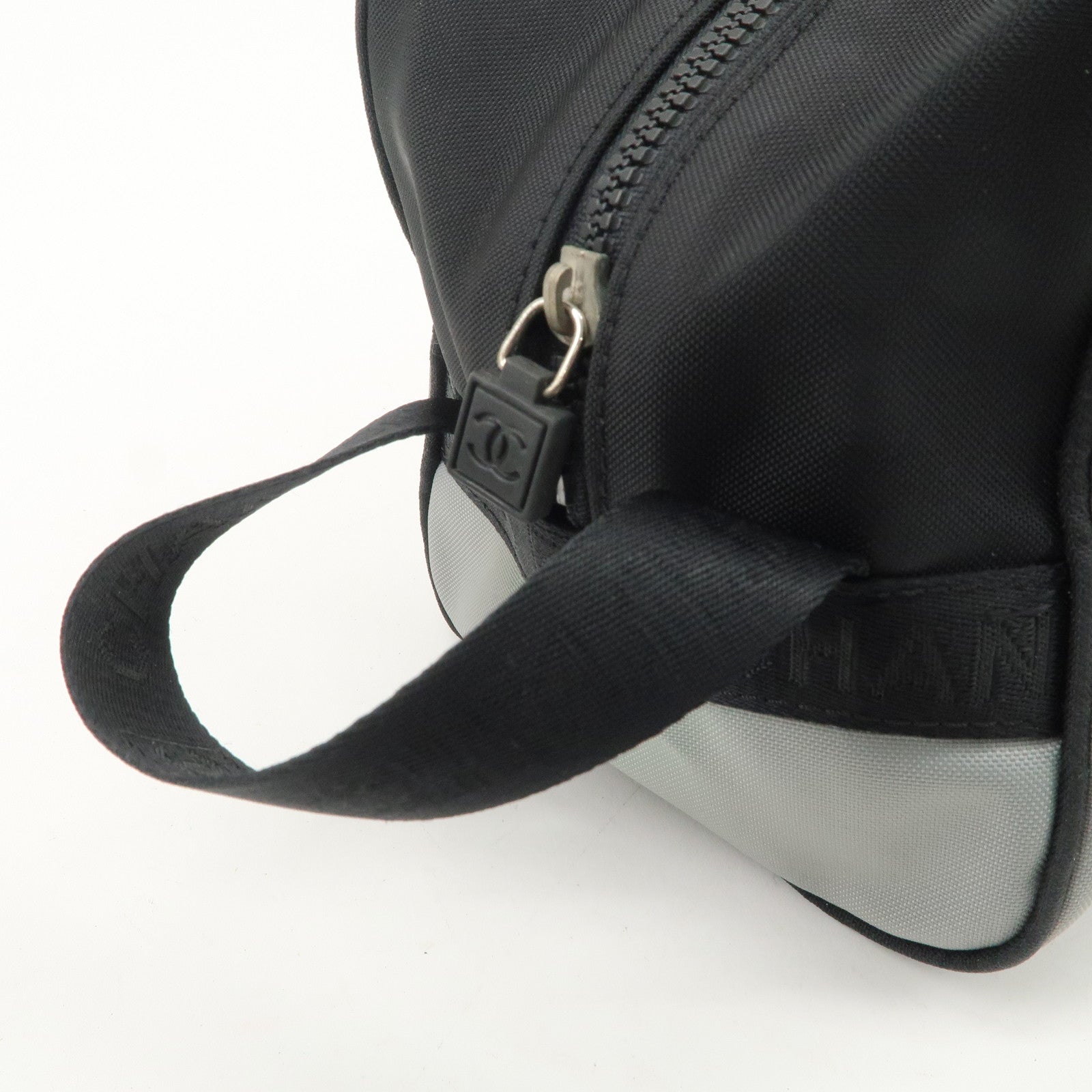 CHANEL Sportsline Nylon Canvas Shoes Bag Hand Bag Black Gray Used