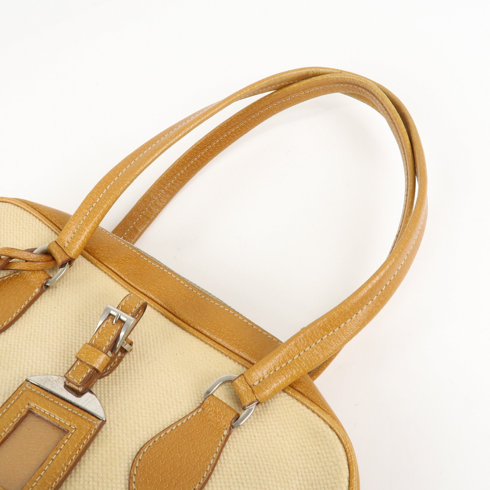 PRADA Canvas Leather Triangle Logo Boston Bag Ivory Brown Used