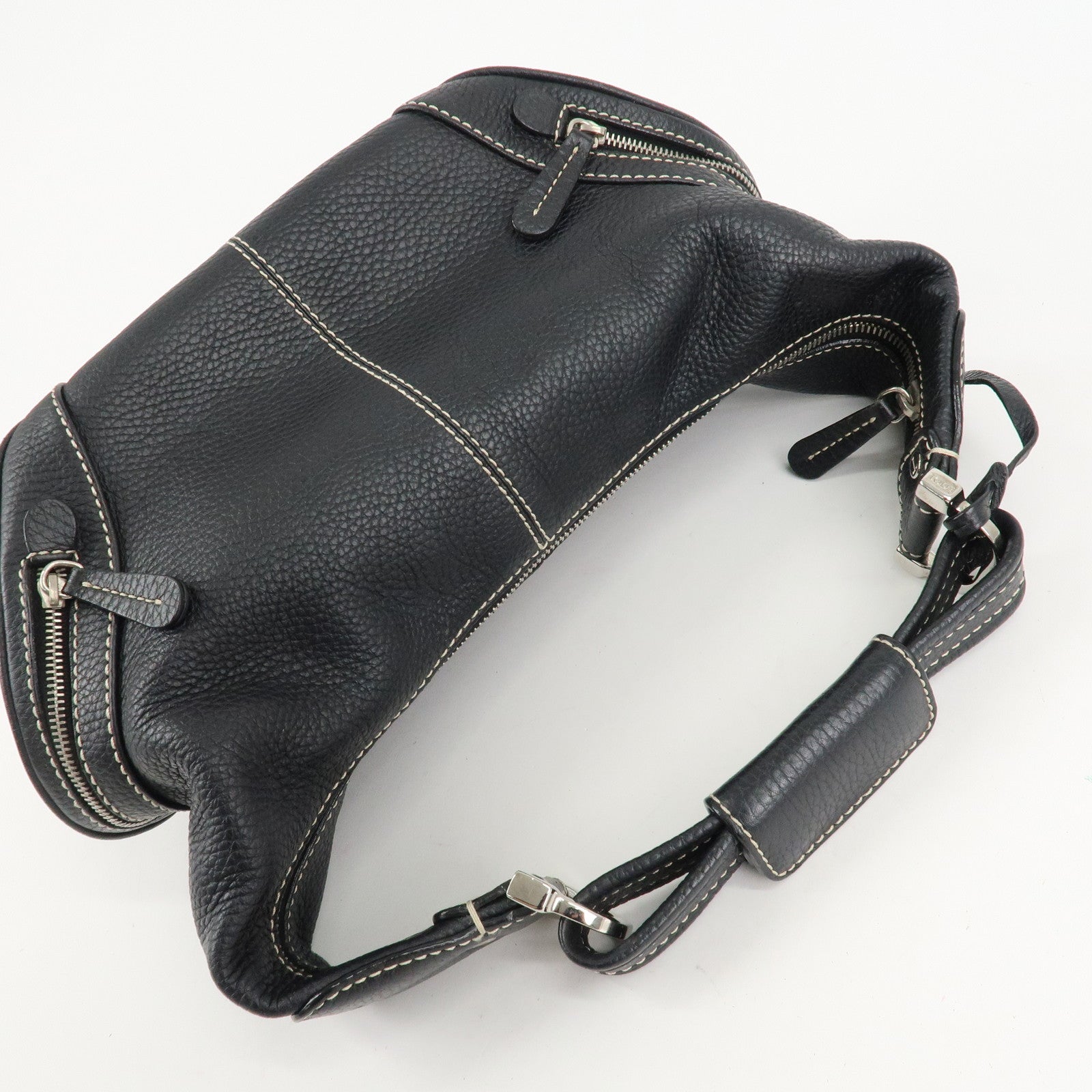 TOD'S Leather Shoulder Bag Hand Bag Black Silver Hardware Used