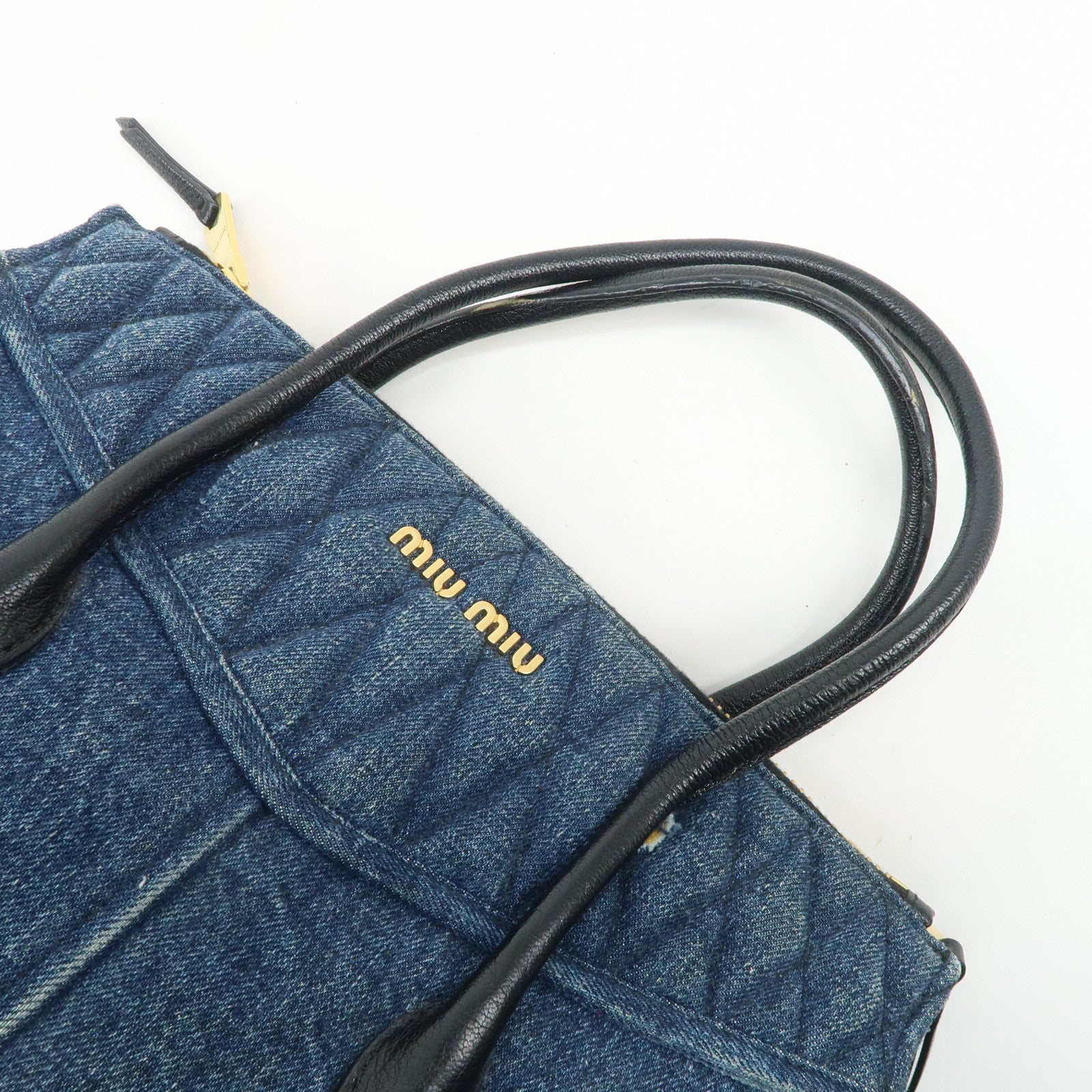 MIU MIU Denim Leather Biker 2Way Tote Bag Blue Black RN1031 Used