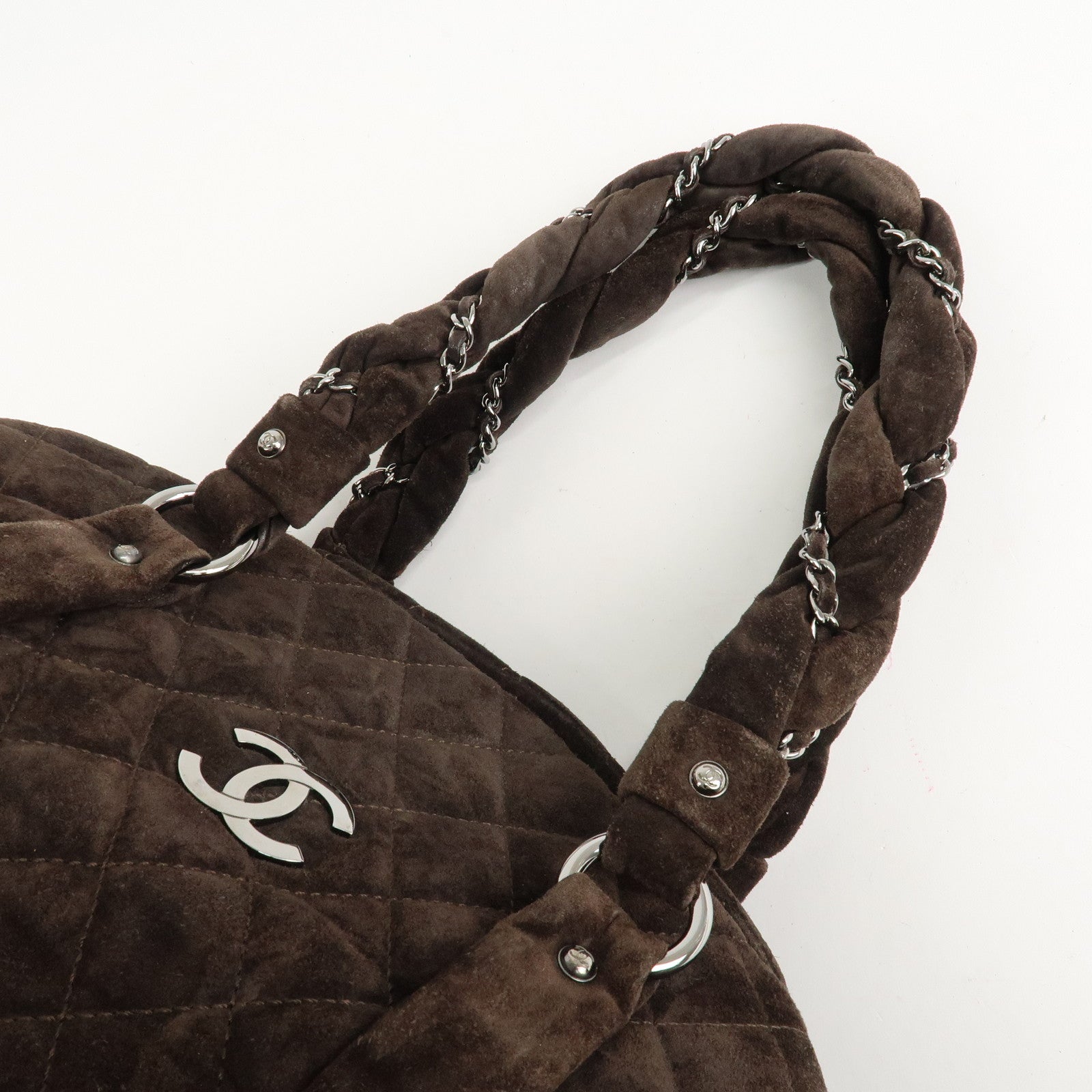 CHANEL Matelasse Suede Boston Bag Brown Silver Hardware Used
