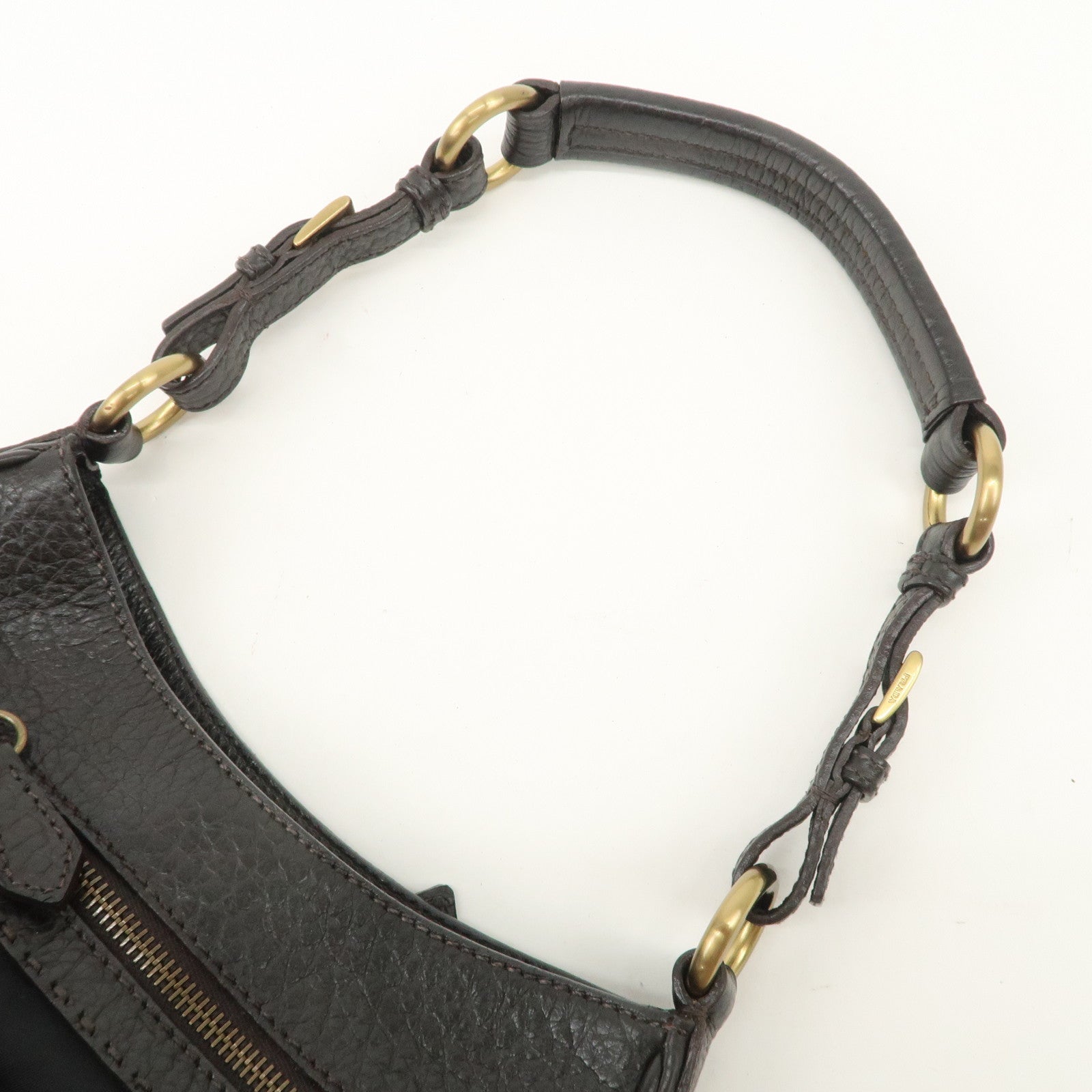PRADA Nylon Leather Shoulder Bag Black Dark Brown BR1973 Used