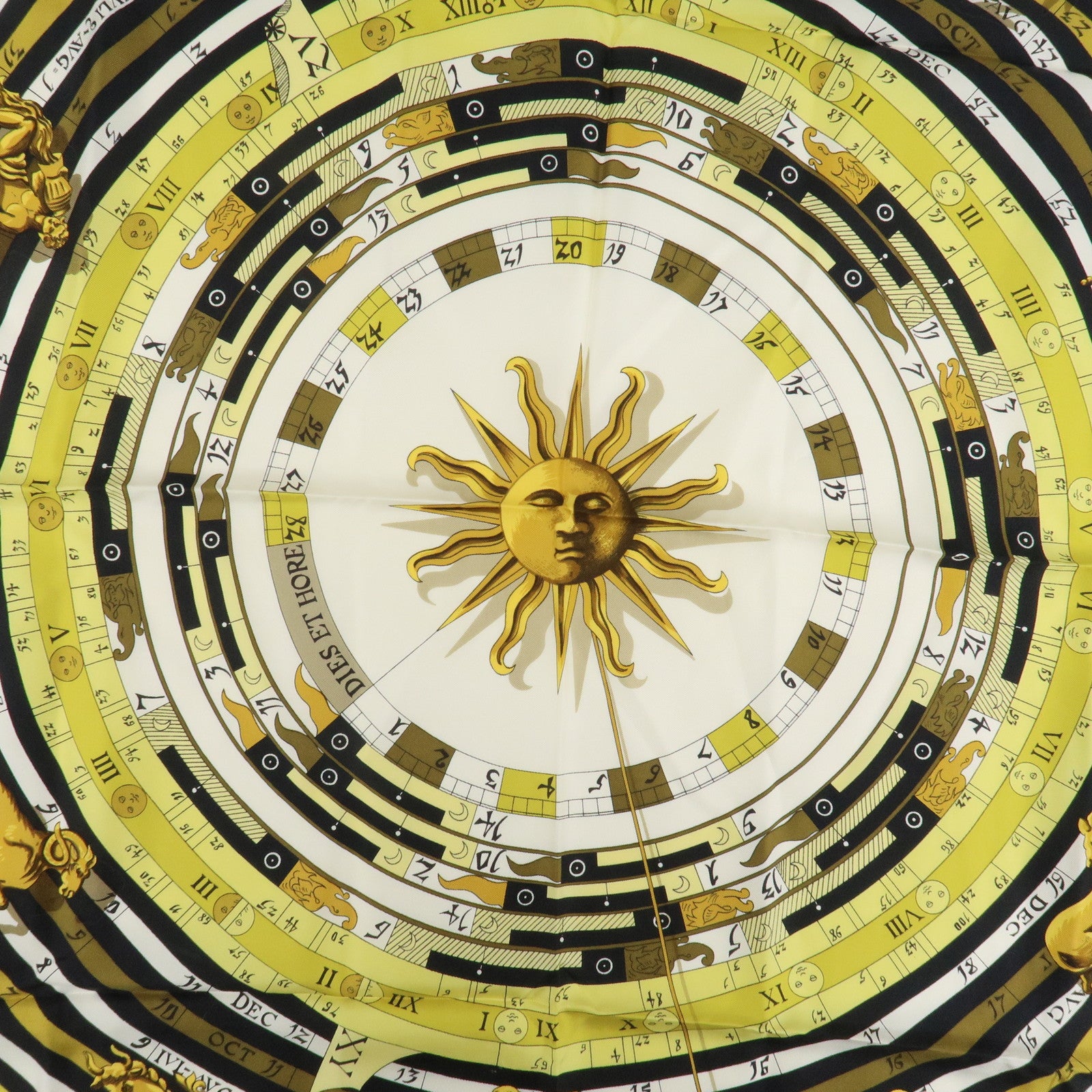 HERMES Carre 90 Silk 100% Scarf DIES ET HORE White Gold Black Used