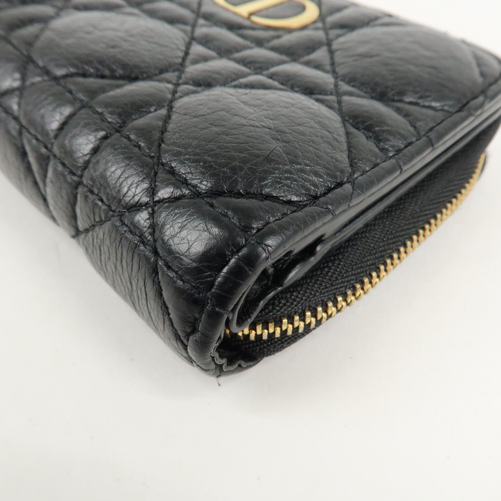 Christian Dior Cannage Leather Bi-fold Wallet Black Gold HDW Used