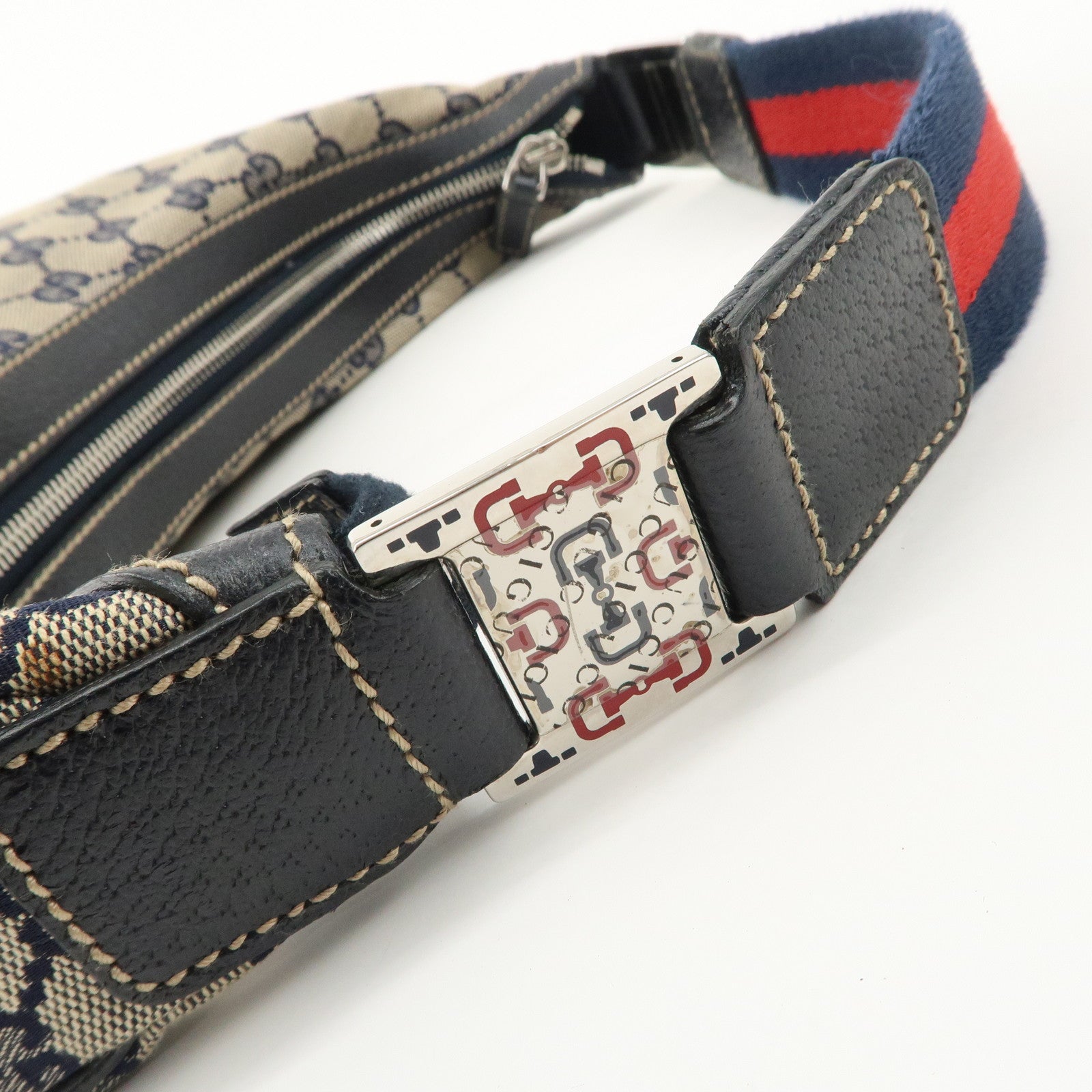 GUCCI Sherry GG Canvas Leather Shoulder Bag Beige Navy 145757 Used