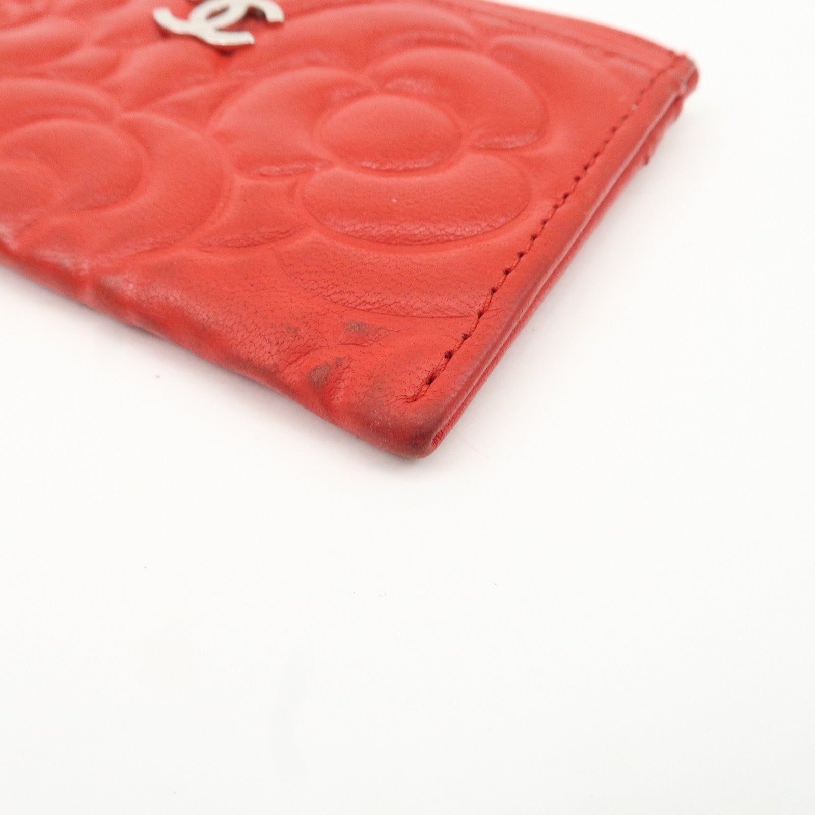 CHANEL Camellia Lambskin Embossed Card Case Red A3173855 Used