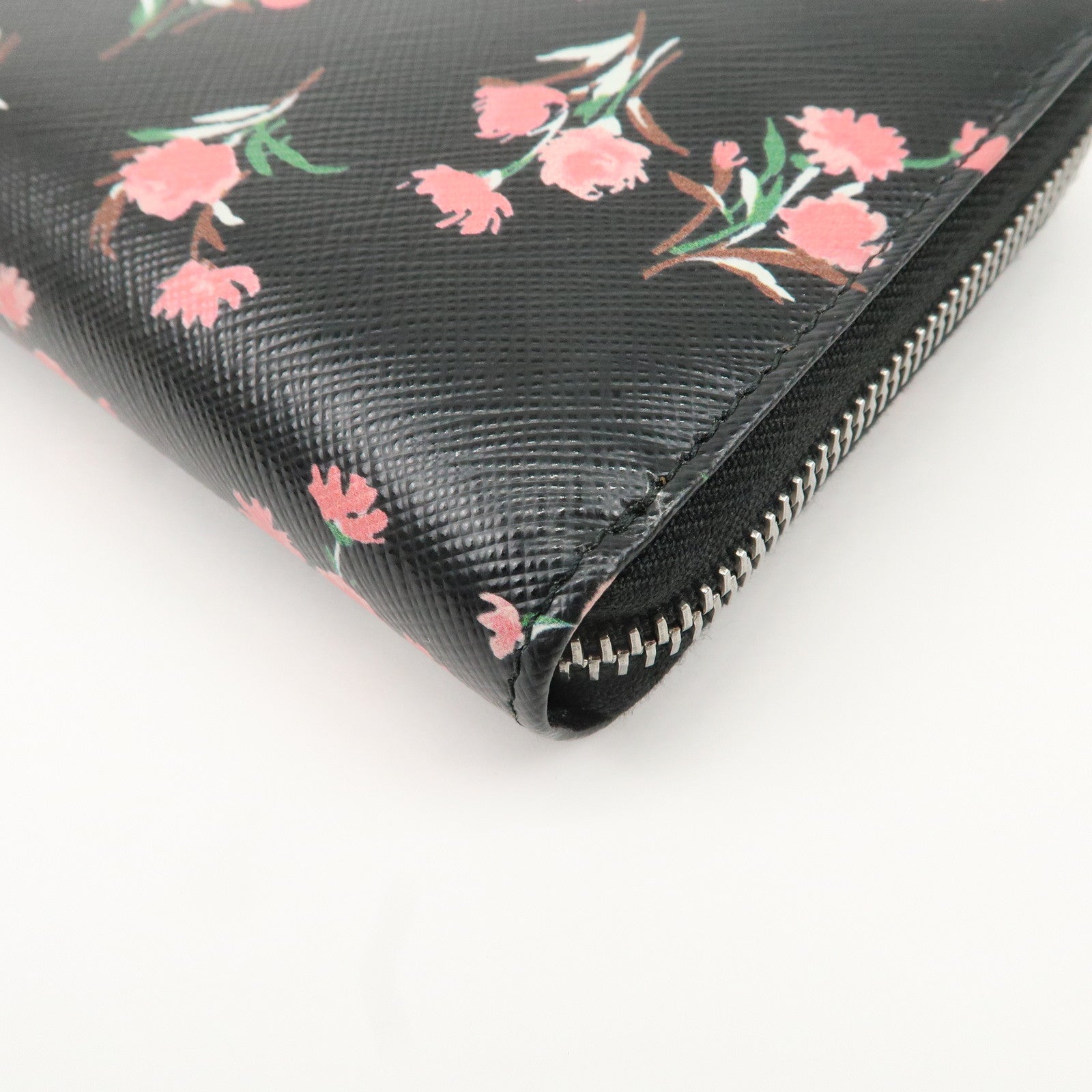 PRADA Logo Leather Round Zipper Long Wallet Flower 1ML506 Used