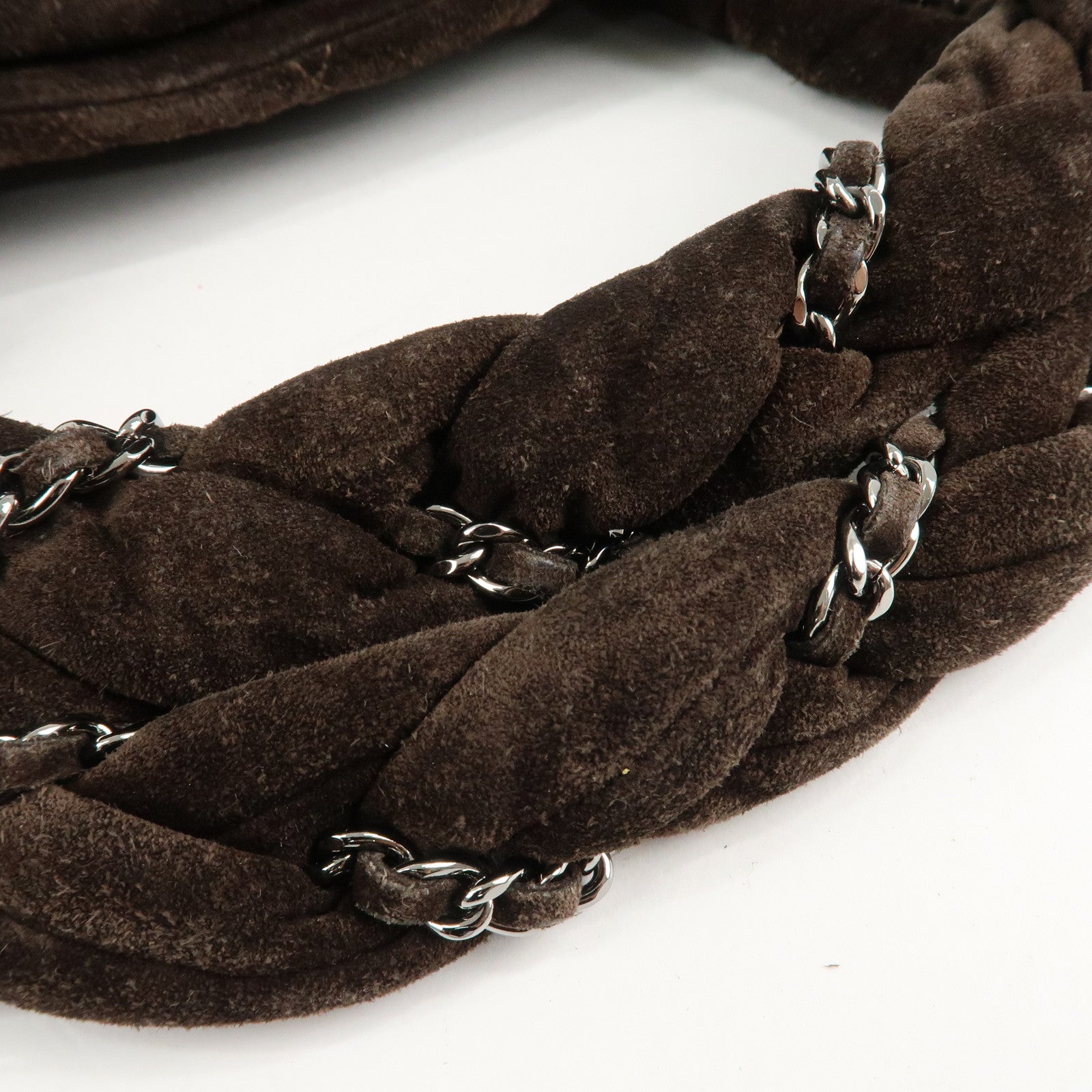 CHANEL Matelasse Suede Boston Bag Brown Silver Hardware Used