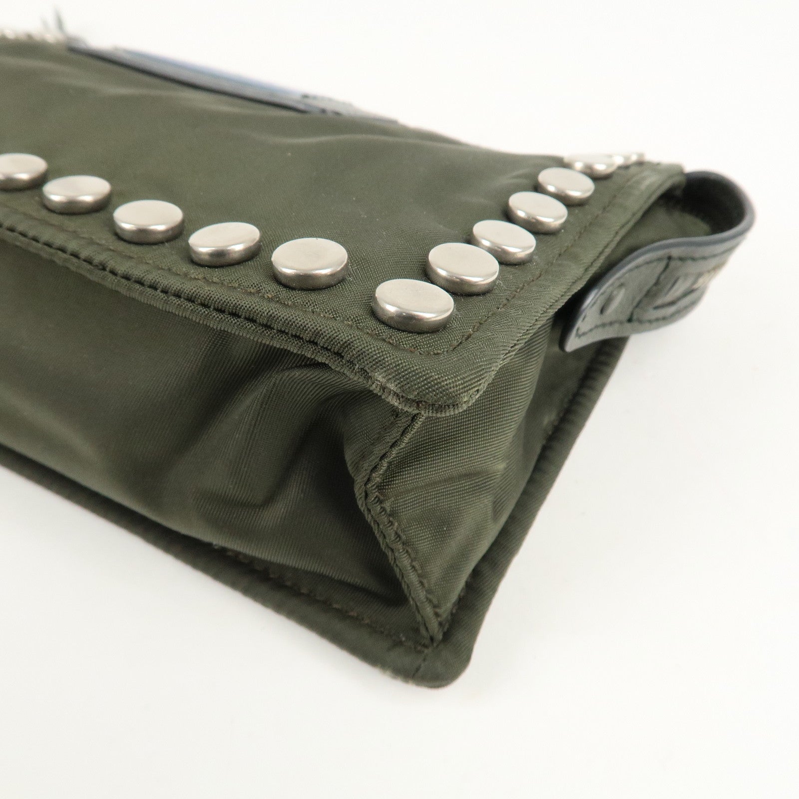 PRADA Tessuto Travel Pouch Studs Military Silver HDW Used