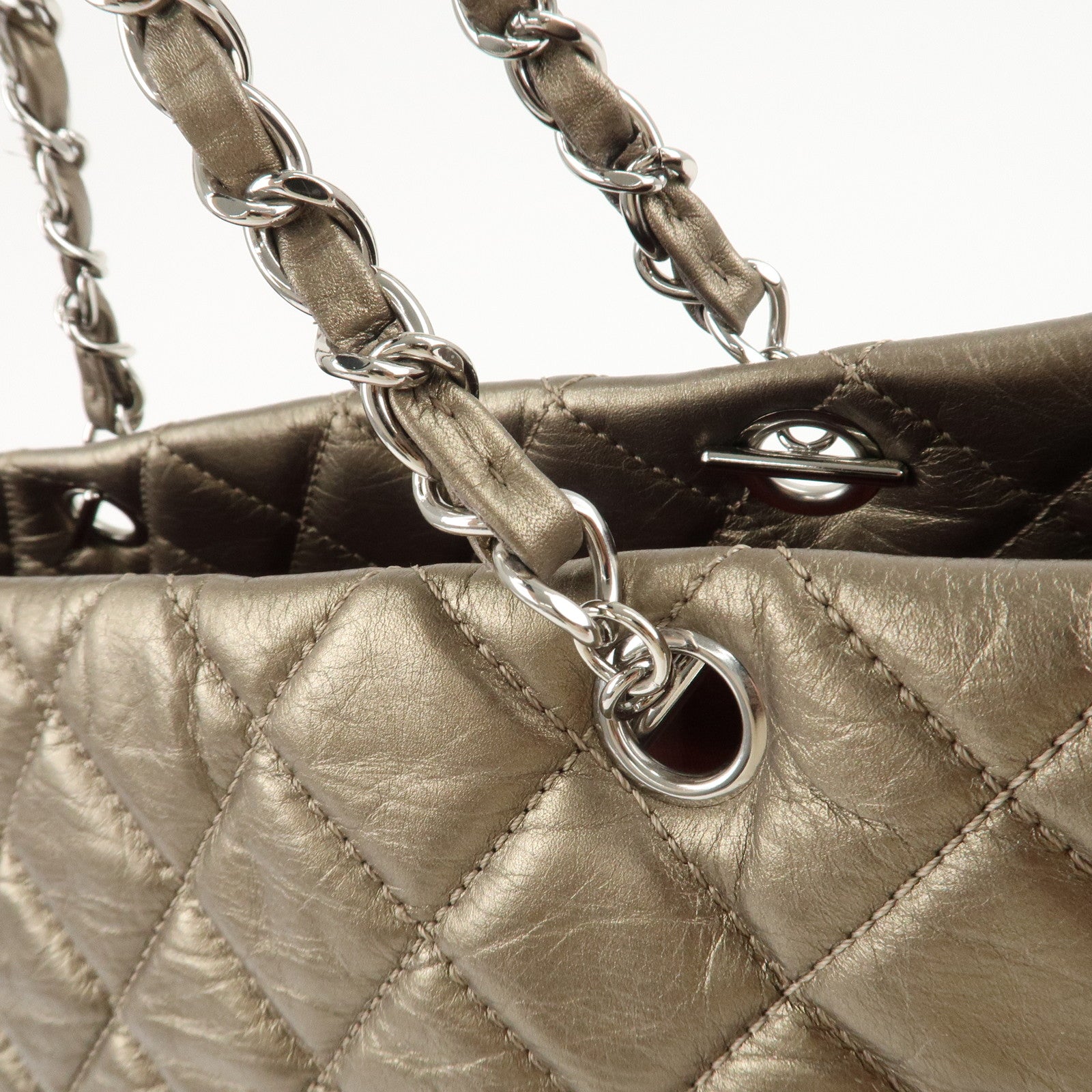 CHANEL Cambon Line Lamb Skin Cotton Club Hand Bag Bronze A34318 Used