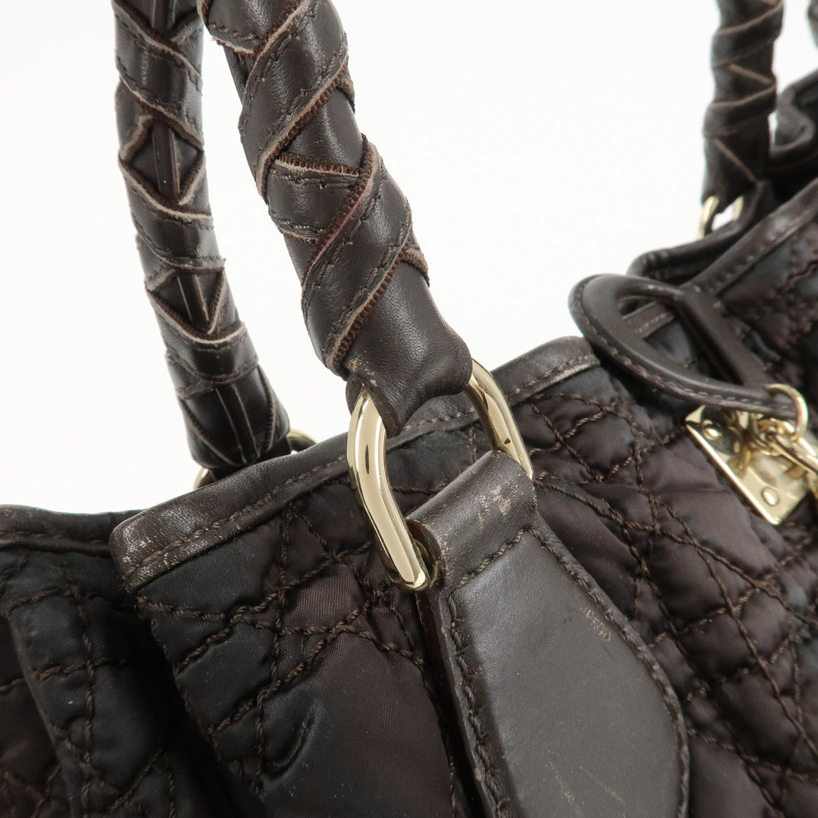 Christian Dior Cannage Nylon Leather Tote Bag Dark Brown Used