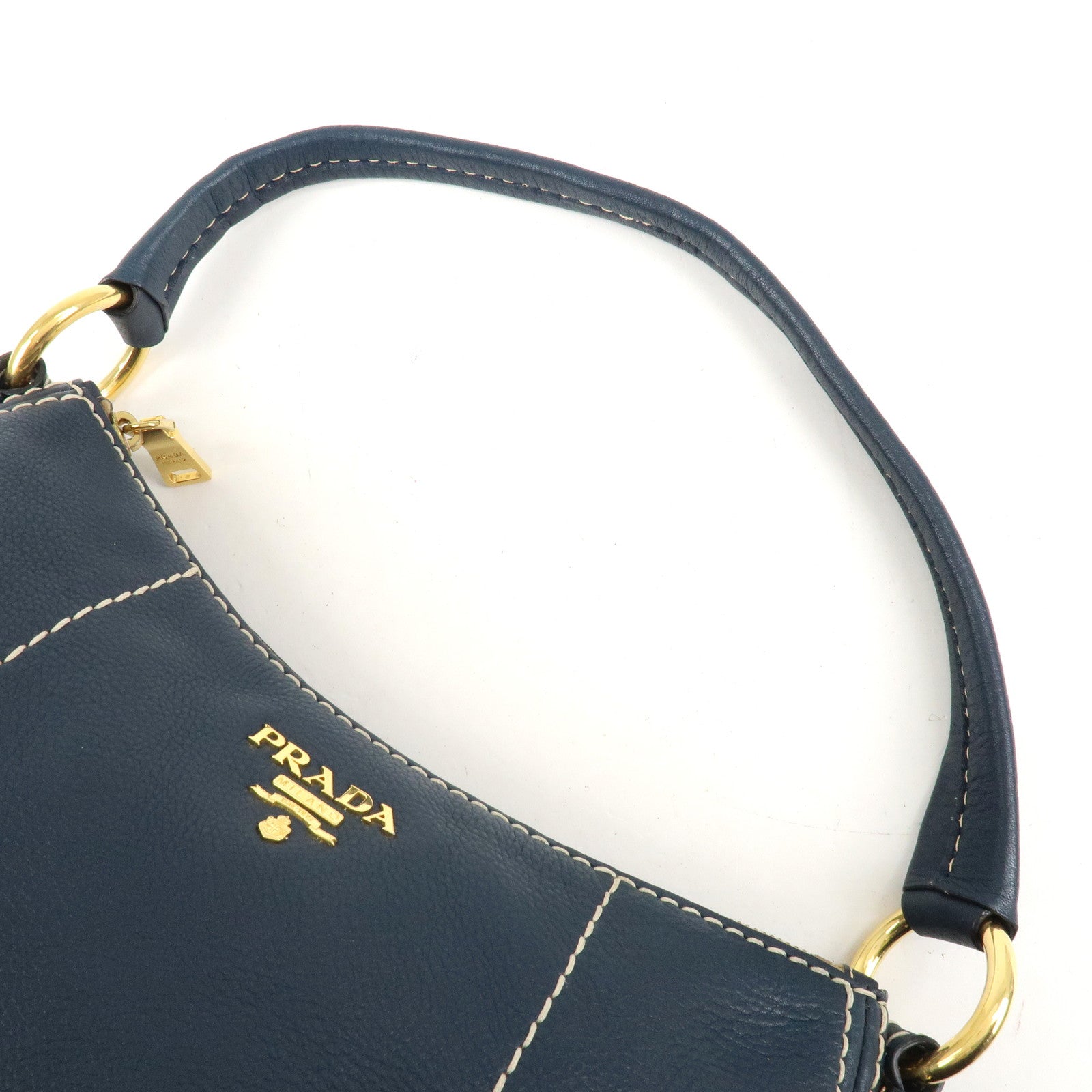 PRADA Soft Calf Leather Shoulder Bag Hand Bag Blue BR4690 Used