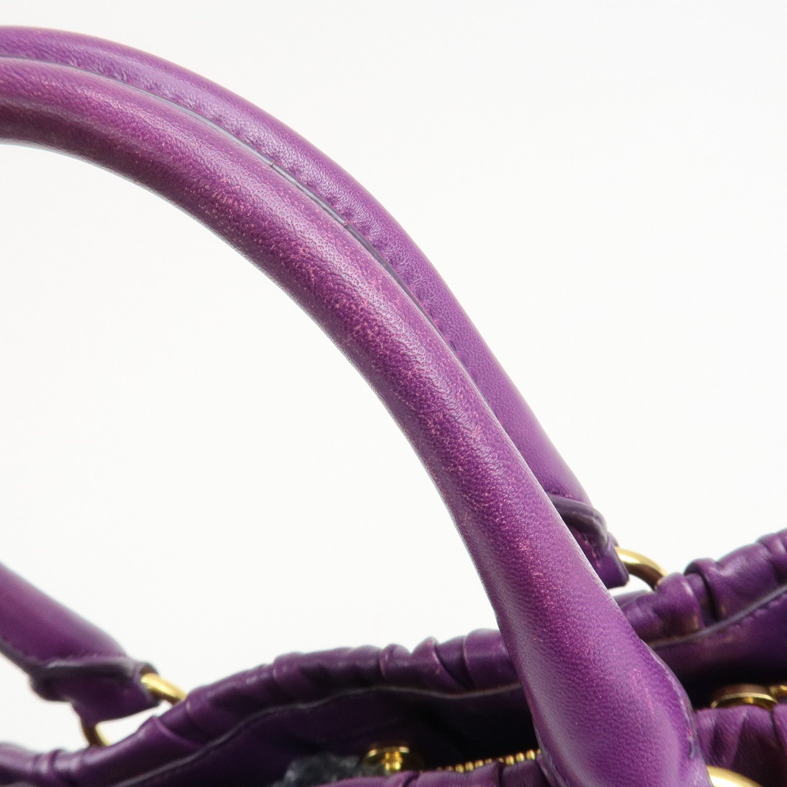 PRADA Leather Gathered Hand Bag Purple Gold Hardware BN2394 Used