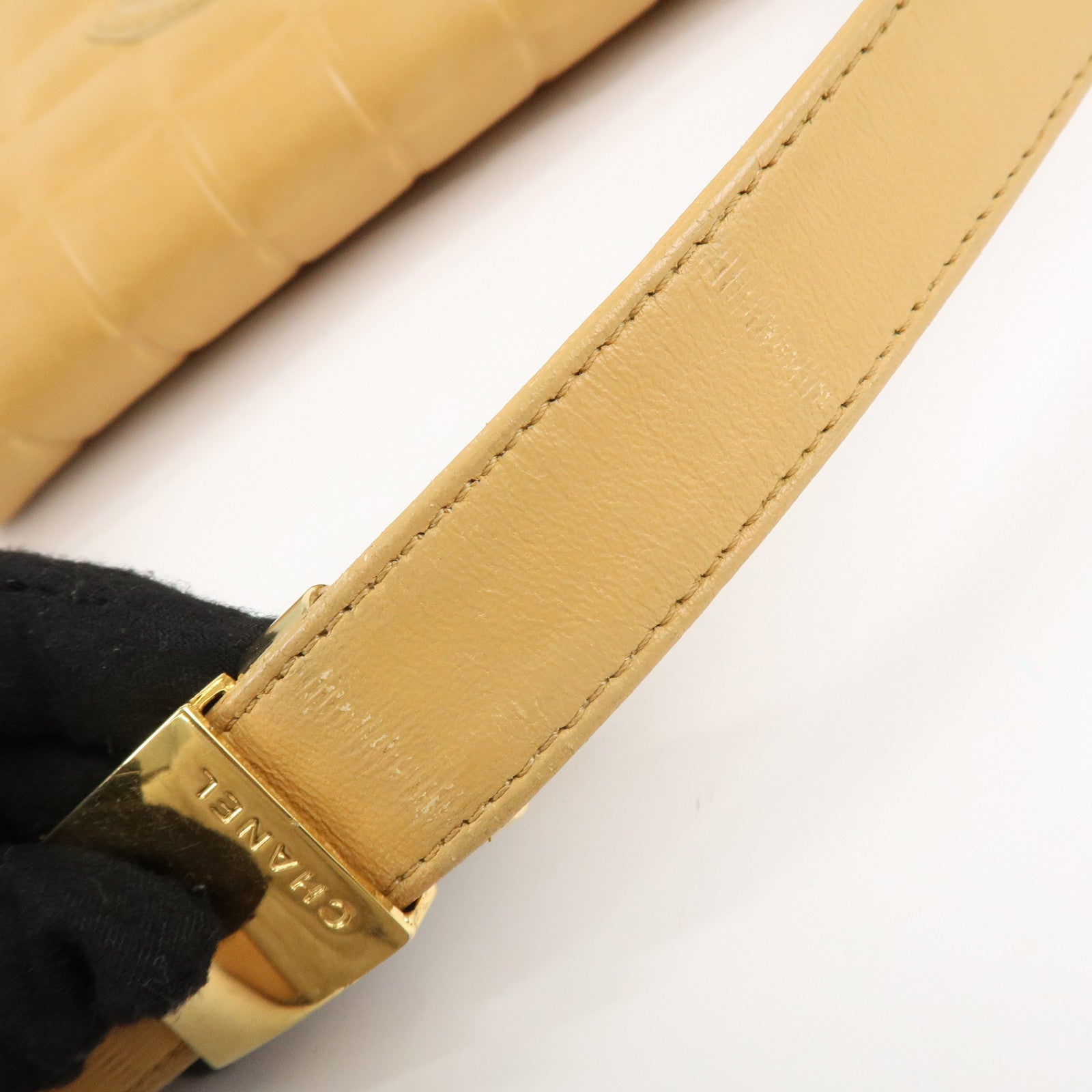 CHANEL COCO Mark Chocolate Bar Lamb Skin Shoulder Bag Beige Used