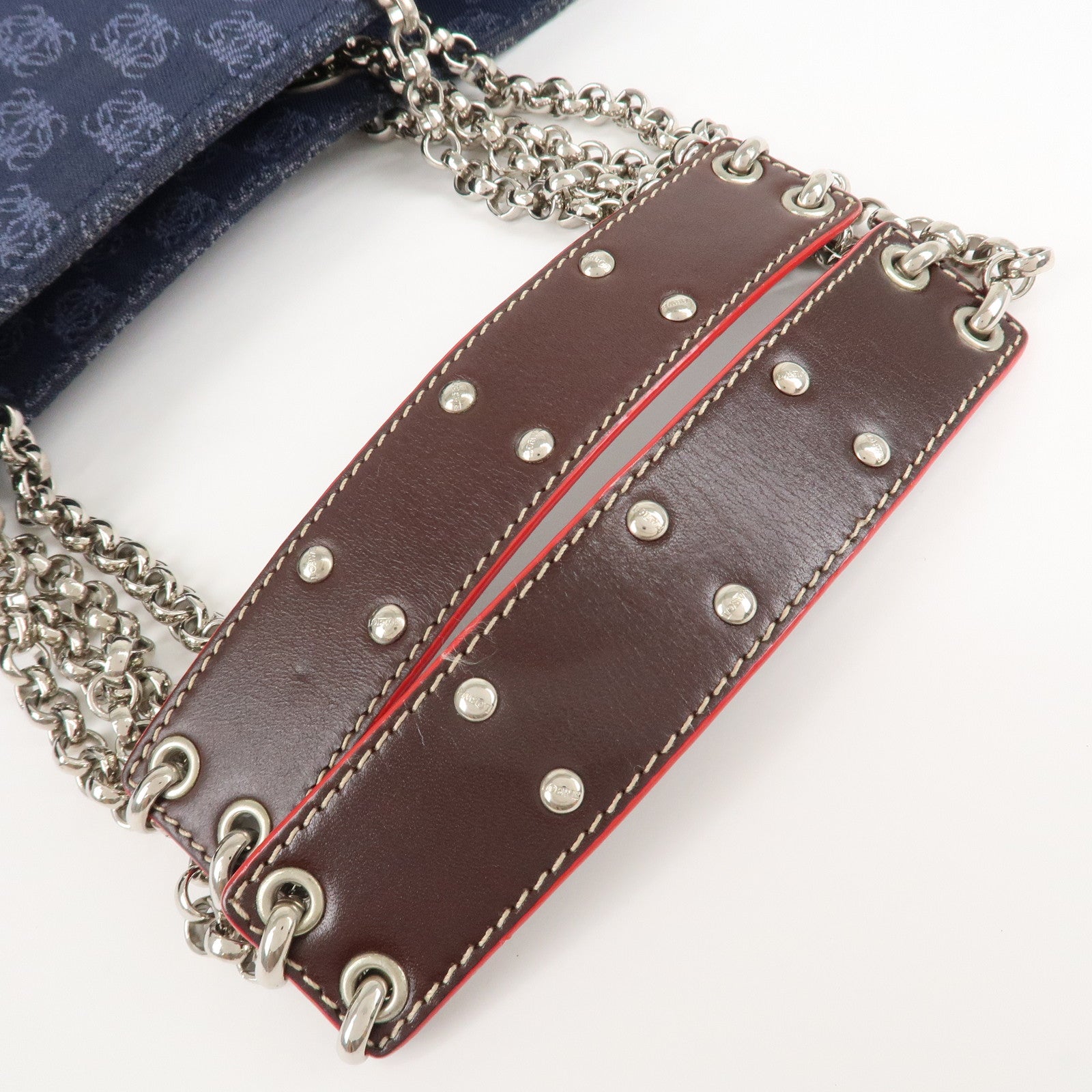 LOEWE Anagram Canvas Leather Chain Tote Bag Shoulder Bag Blue Used